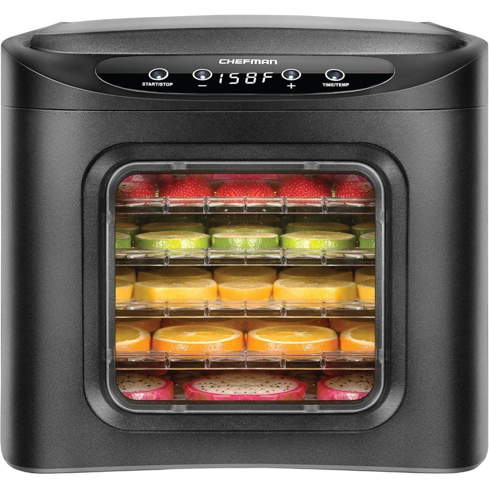 Chefman Food Dehydrator Machine, Touch Screen Electric Multi-Tier Preserver, Meat or Beef Jerky Maker, Fruit Leather, Vegetable Dryer w/ 6 Slide Out Drying Rack Trays & Transparent Door, Black(6 Tray)