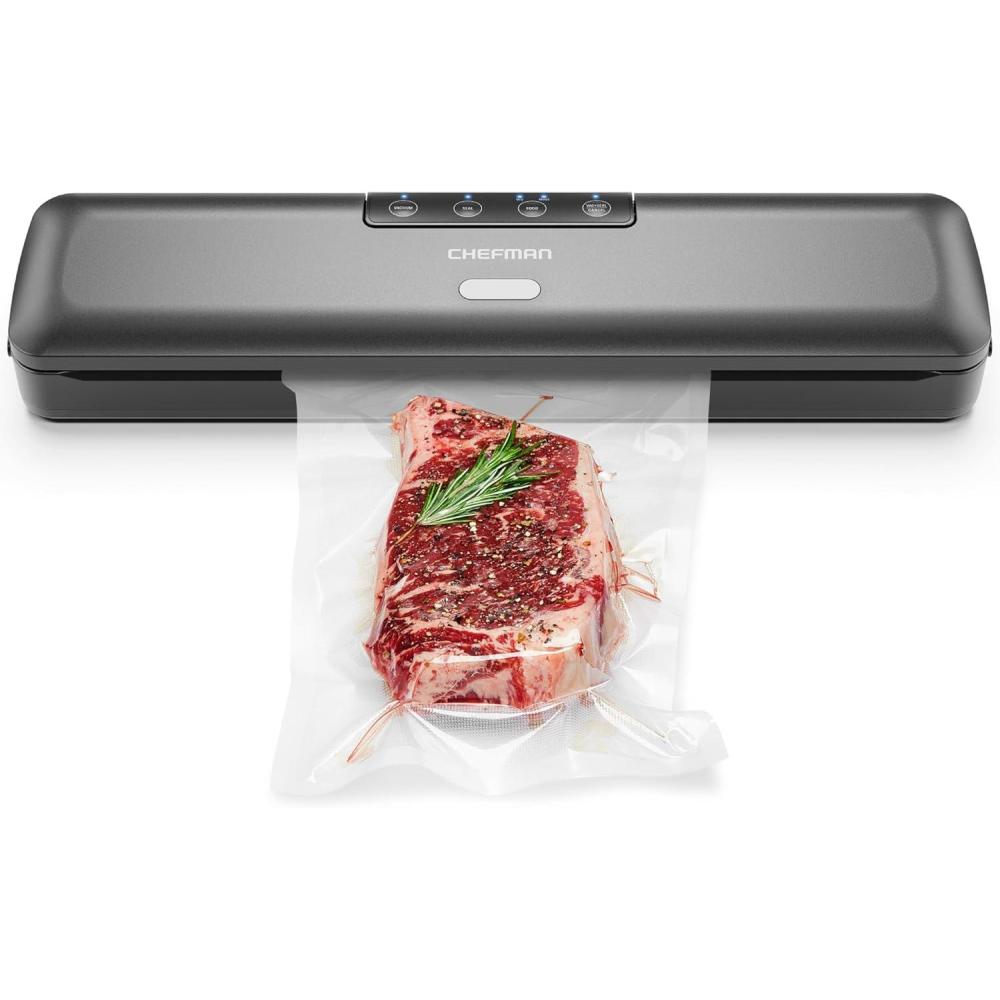 Chefman Food Vacuum Sealer Machine, Compact Vacuum Sealer with Moist & Dry Settings, Perfect for Sous Vide, Storage, and Freezer, One-Touch Operation, Vacuum Storage Bags Included – Black