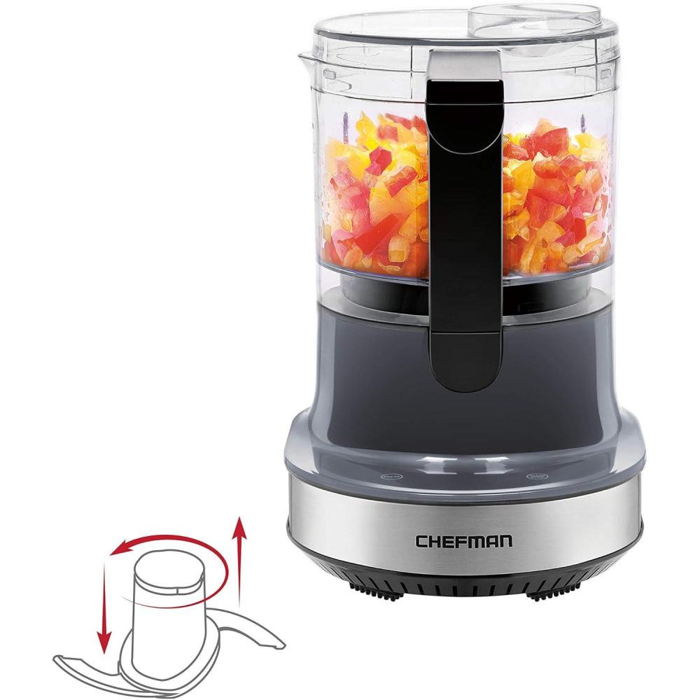 Chefman Electric 4-Cup Food Chopper Blender with Revolutionary Vertical Motion Auto-Chopping for Perfectly Even Mixing Results, Dishwasher-Safe Stainless Steel Dual Blades, BPA-Free Bowl & Lid, Black(Gray)