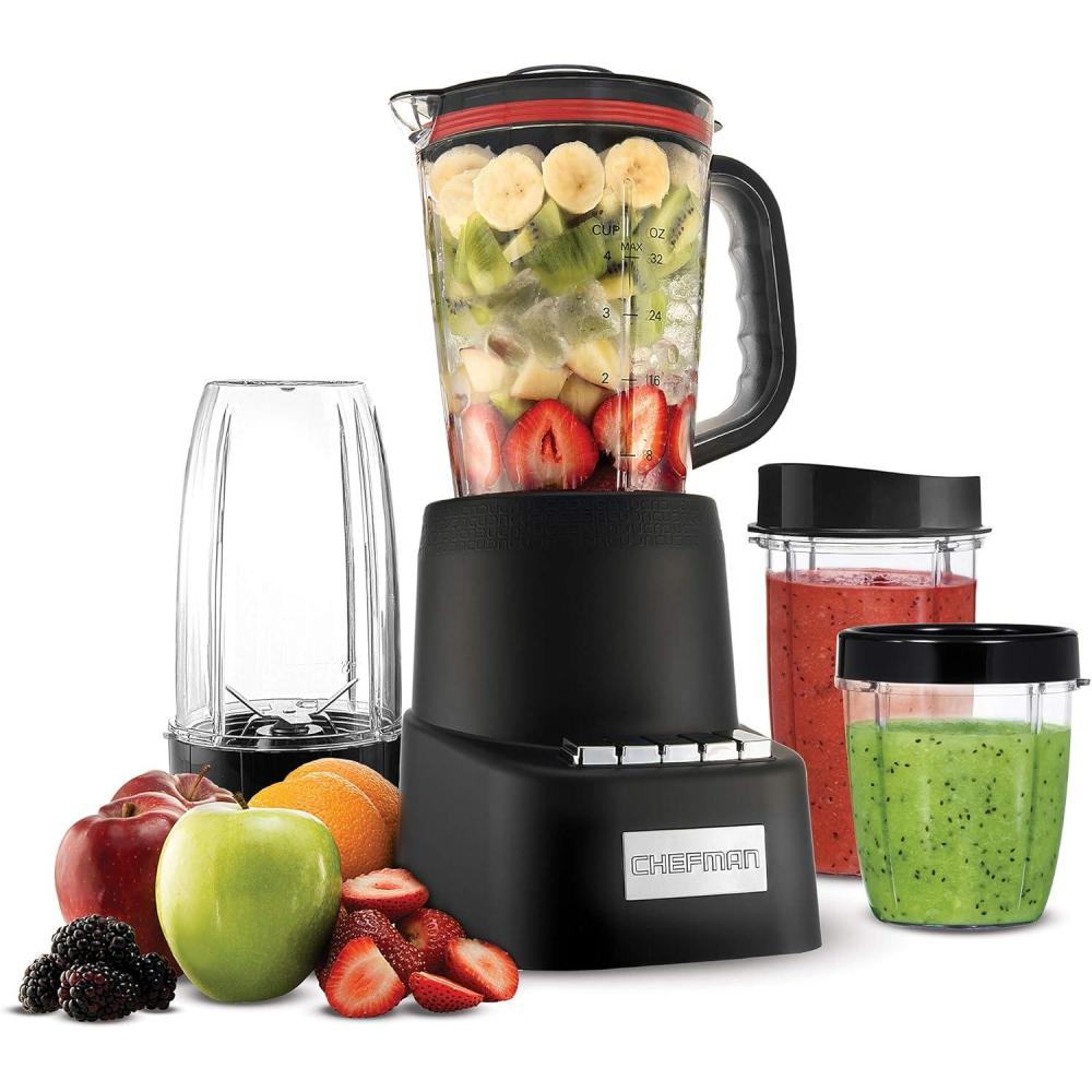 Chefman Countertop + Travel Dynamic Blending System, 12-Piece Set, 3 Programmed Speeds & Pulse, Easy Ice Crushing for Shakes & Smoothies, Dishwasher-Safe 32-Oz Pitcher, 12Oz & 2 24Oz Tumblers, Black(Blender)