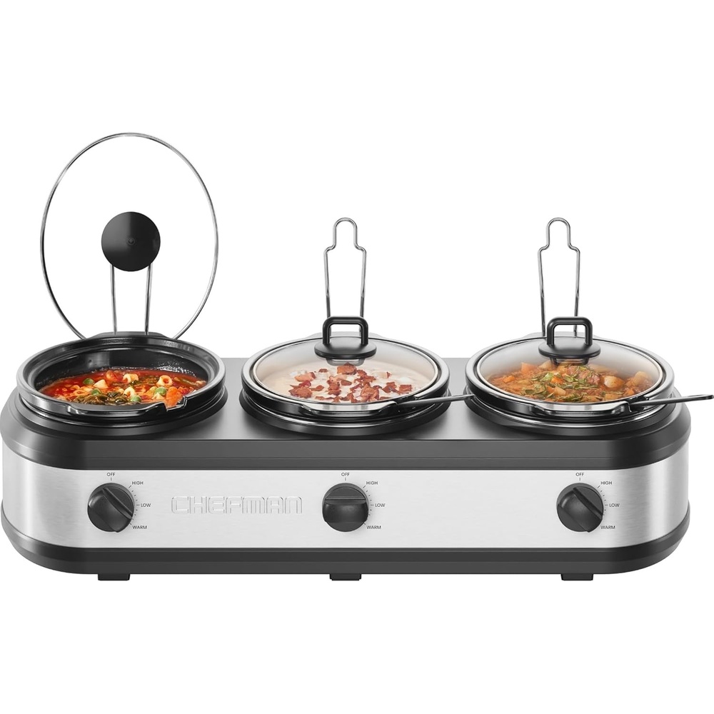 Chefman Slow Cooker 7 Quart, Large Family Size Slow Cooker with Low, High & Warm Settings, Removable Ceramic Crock, Tempered Glass Lid, Dishwasher-Safe for Easy Cleanup, Stainless Steel(7.5 Quarts)