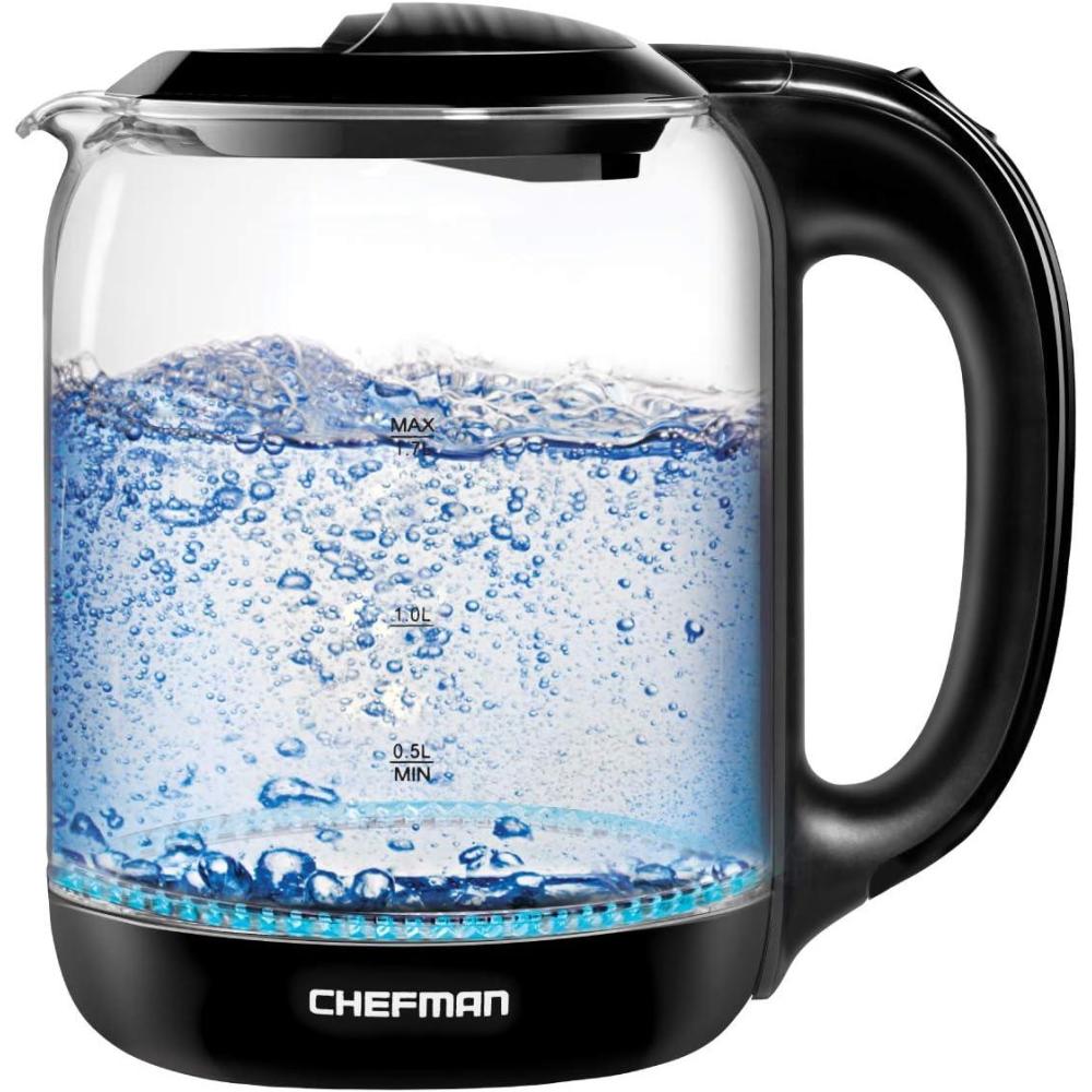 Chefman 1.7 Liter Electric Glass Tea Kettle, Fast Hot Water Boiler, One Touch Operation, Boils 7 Cups, Swivel Base & Cordless Pouring, Auto Shut-Off(1.7L – Glass Electric Kettle)