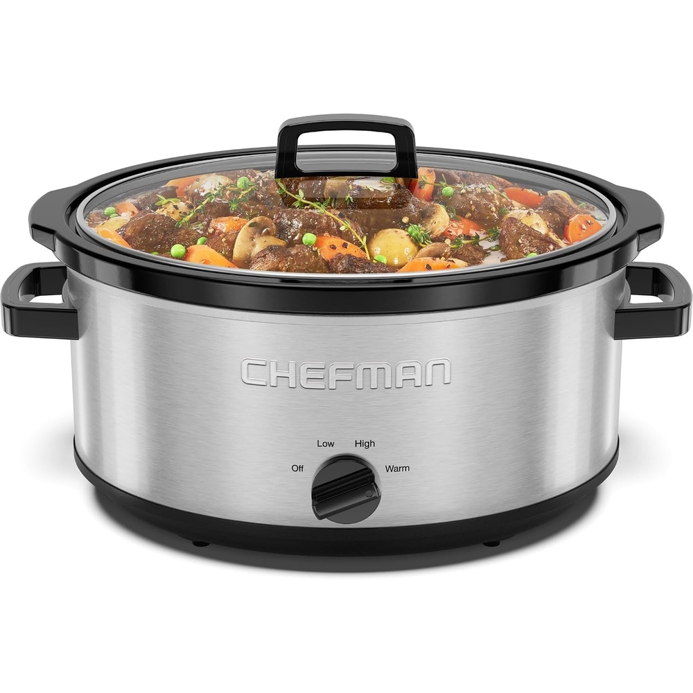 Chefman Slow Cooker 7 Quart, Large Family Size Slow Cooker with Low, High & Warm Settings, Removable Ceramic Crock, Tempered Glass Lid, Dishwasher-Safe for Easy Cleanup, Stainless Steel(7 Quarts)