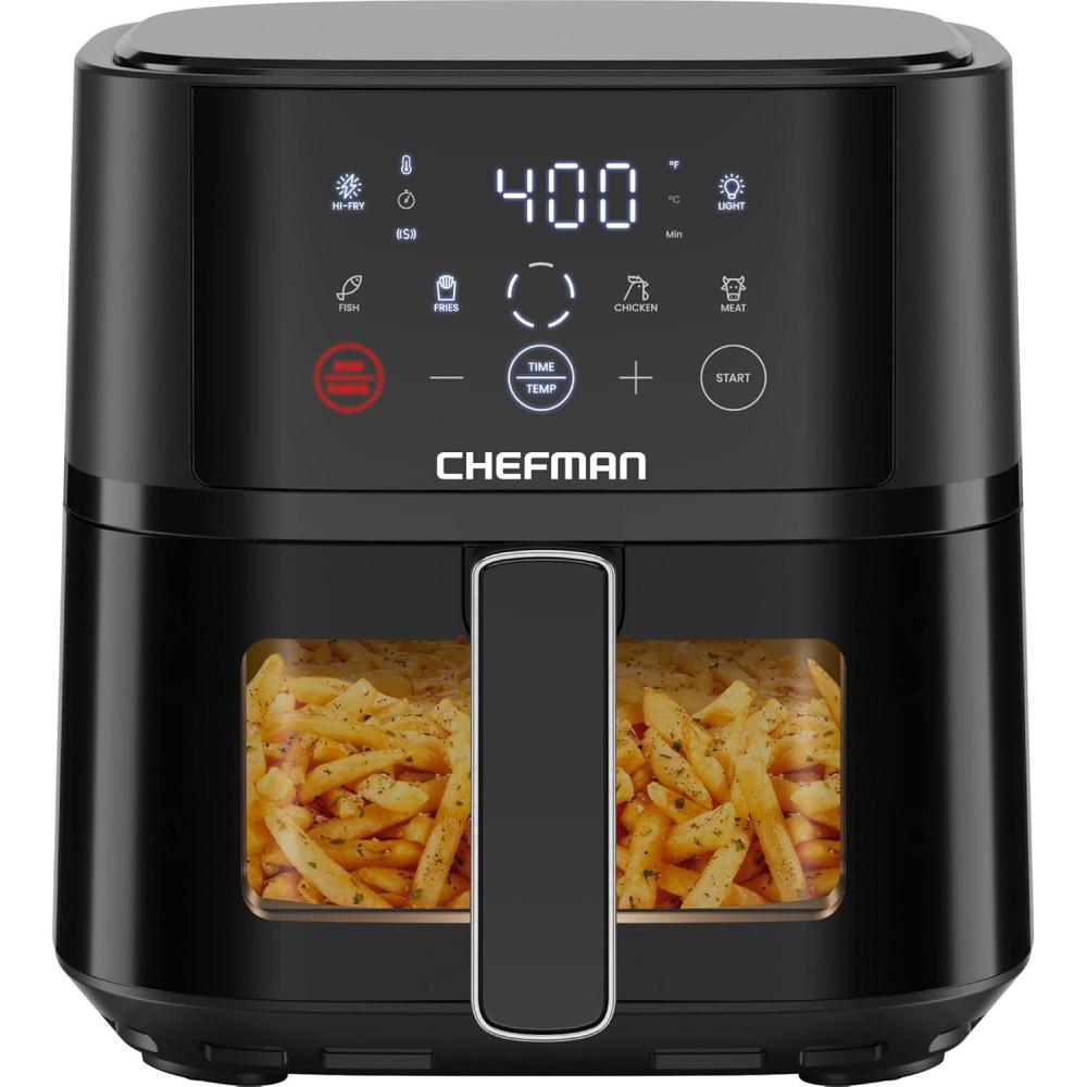 Chefman Air Fryer – 4 QT Compact Airfryer for Quick & Easy Meals in Minutes, Features Hi-Fry Technology for Extra Crisp, Touchscreen Controls with 4 Presets, Nonstick & Dishwasher Safe Basket – Black(4 Quart with easy view window)