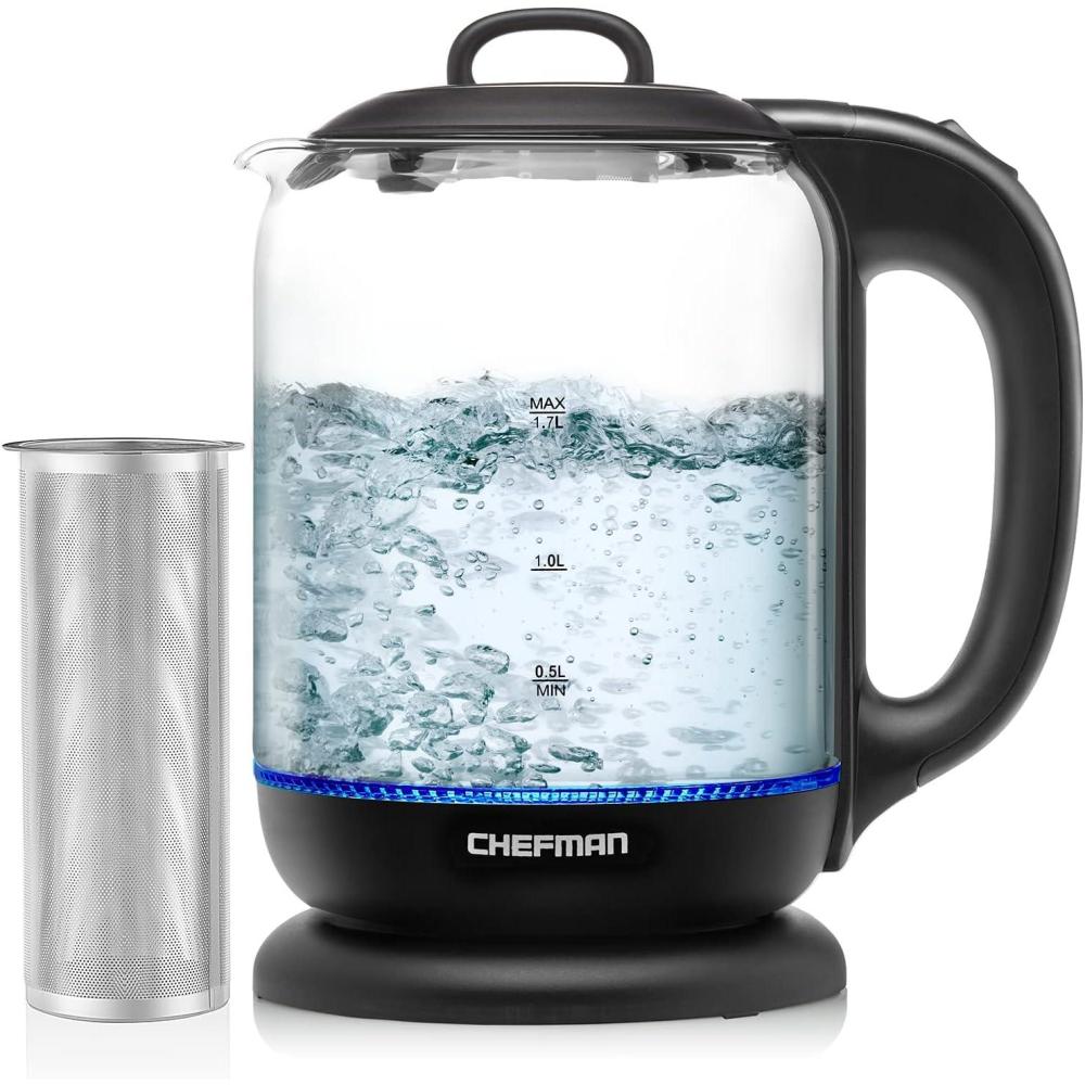 Chefman 1.7 Liter Electric Glass Tea Kettle, Fast Hot Water Boiler, One Touch Operation, Boils 7 Cups, Swivel Base & Cordless Pouring, Auto Shut-Off(1.7L – Glass Electric Kettle ﻿w/ Tea Infuser)