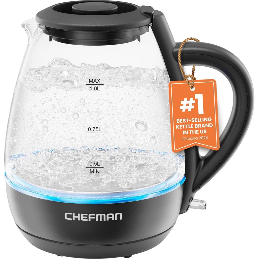 Chefman 1.7 Liter Electric Glass Tea Kettle, Fast Hot Water Boiler, One Touch Operation, Boils 7 Cups, Swivel Base & Cordless Pouring, Auto Shut-Off(1L – Glass Electric Kettle)