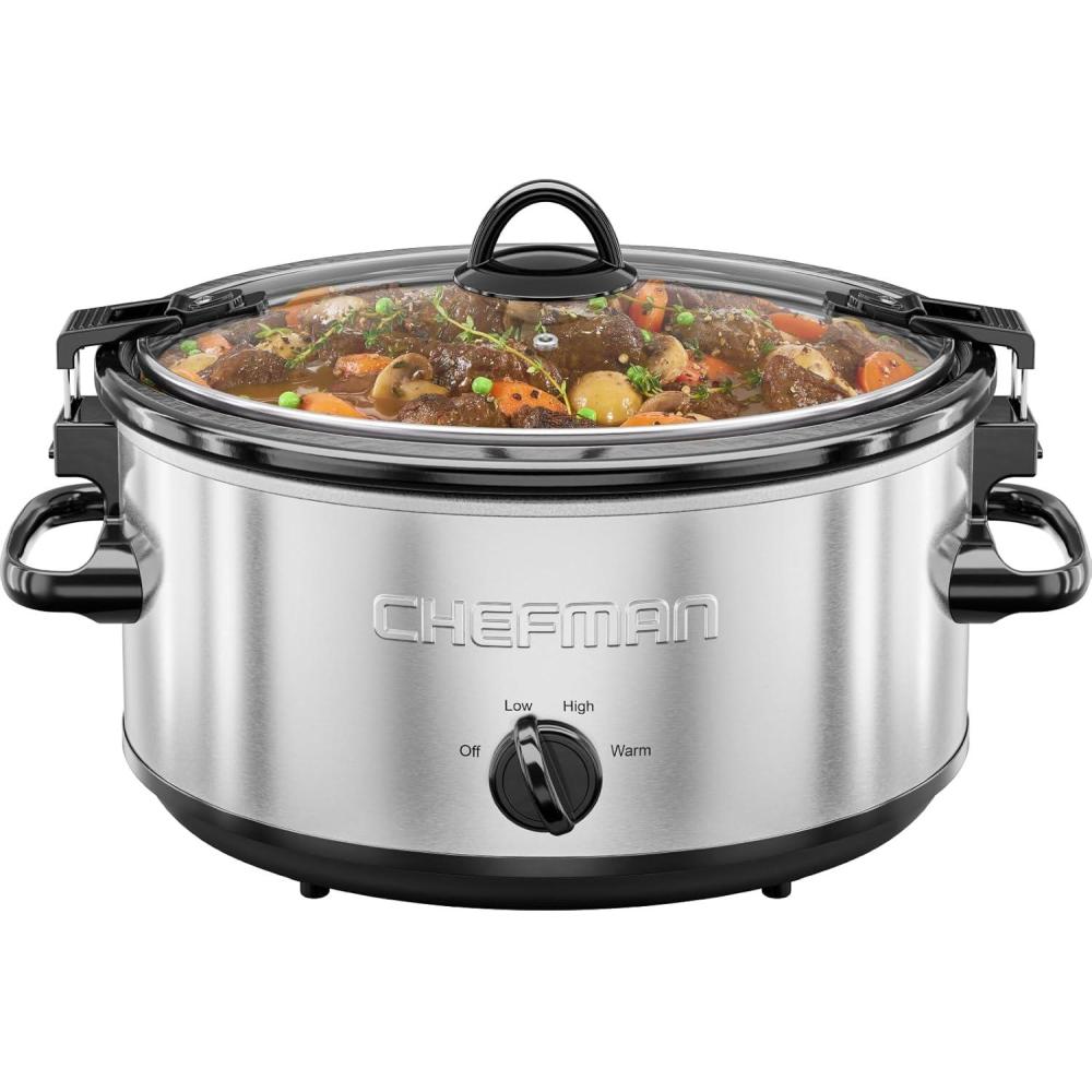 Chefman 6 Quart Slow Cooker with Locking Lid, Ceramic Crock with Portable Cook and Carry Travel Latching Lock, Large Easy Clean Dishwasher Safe Pot Insert, Manual 3 Heat Settings, Stainless Steel(Stainless)