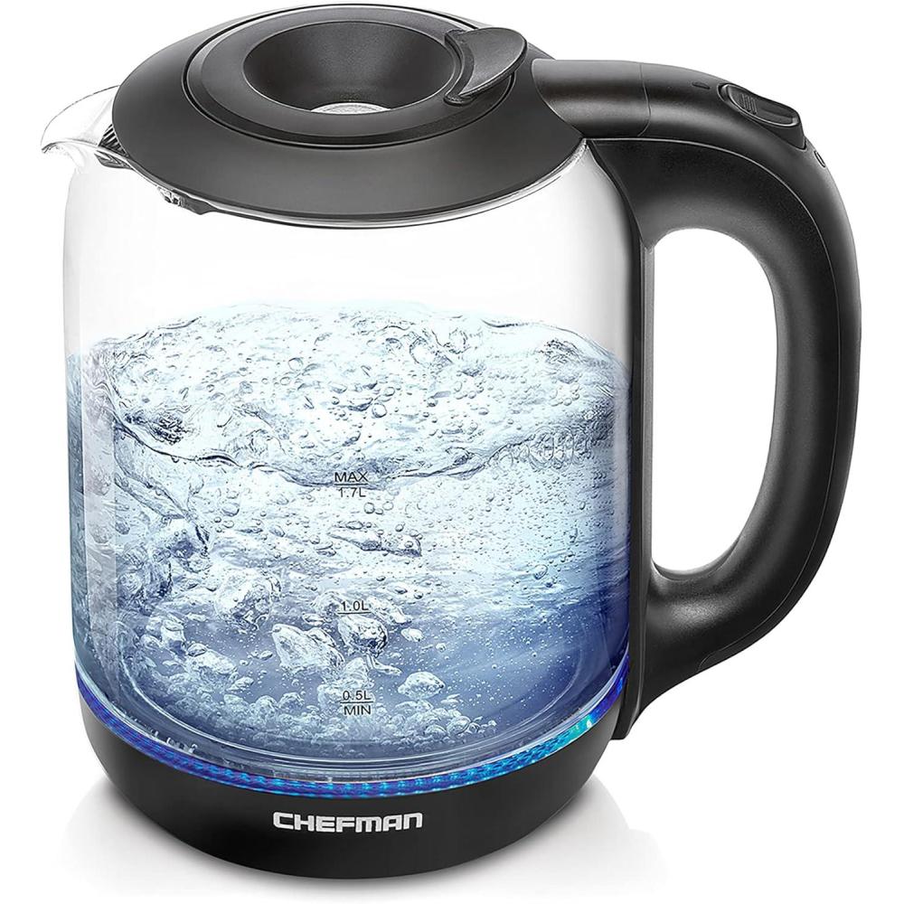 Chefman 1.7 Liter Electric Glass Tea Kettle, Fast Hot Water Boiler, One Touch Operation, Boils 7 Cups, Swivel Base & Cordless Pouring, Auto Shut-Off(1.7L – Glass Electric Kettle ﻿w/ Easy-Fill Lid)