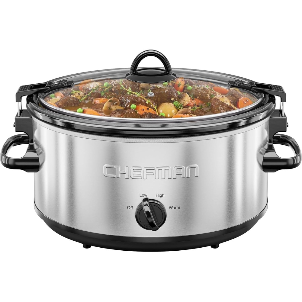 Chefman Slow Cooker 7 Quart, Large Family Size Slow Cooker with Low, High & Warm Settings, Removable Ceramic Crock, Tempered Glass Lid, Dishwasher-Safe for Easy Cleanup, Stainless Steel(6 Quarts)