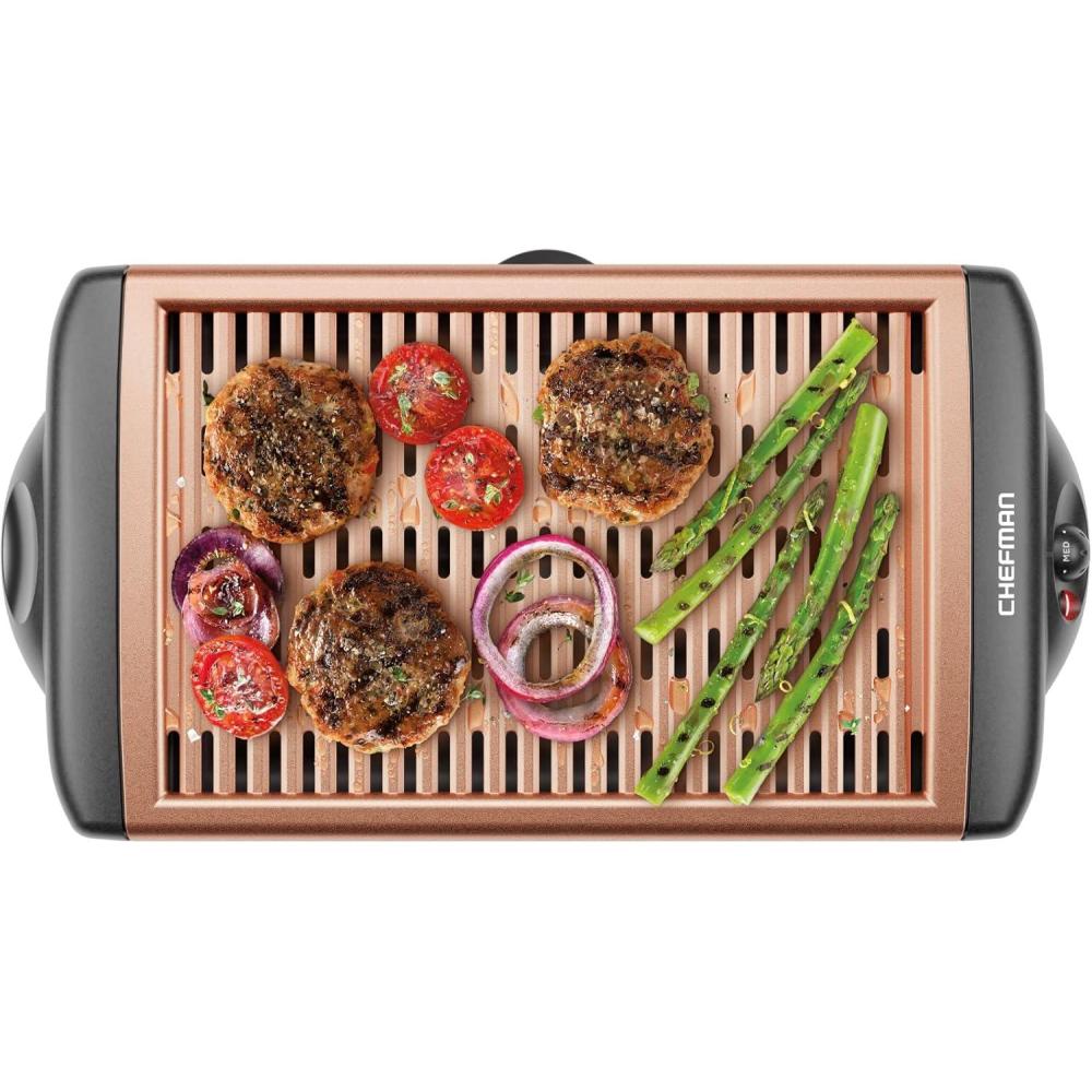 Chefman Electric Smokeless Indoor Grill w/ Non-Stick Cooking Surface & Adjustable Temperature Knob from Warm to Sear for Customized BBQing, Dishwasher Safe Removable Water Tray, Black(Copper)