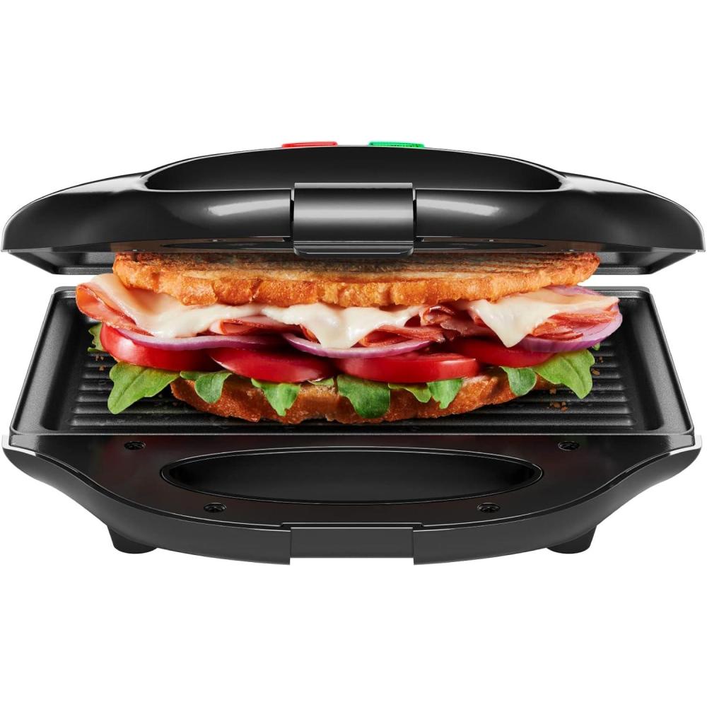 Chefman Portable Compact Grill, Dual Use Panini Press, Sandwich Maker, Electric Grill Griddle, Nonstick, Electric Indoor Grill, Countertop Panini Maker with Cord Storage, Locking Lid, Indicator Lights(Black)