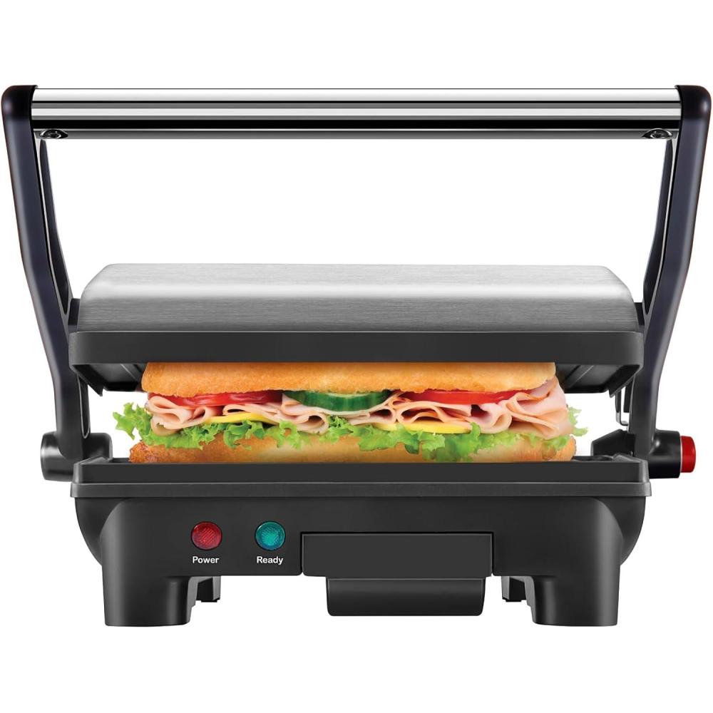 Chefman Electric Panini Press Grill, Compact 2-Slice Sandwich Maker, Non-Stick Coated Plates, Opens 180 Degrees, Dishwasher Safe, Removable Drip Tray, Stainless Steel/Black(2 Slice)