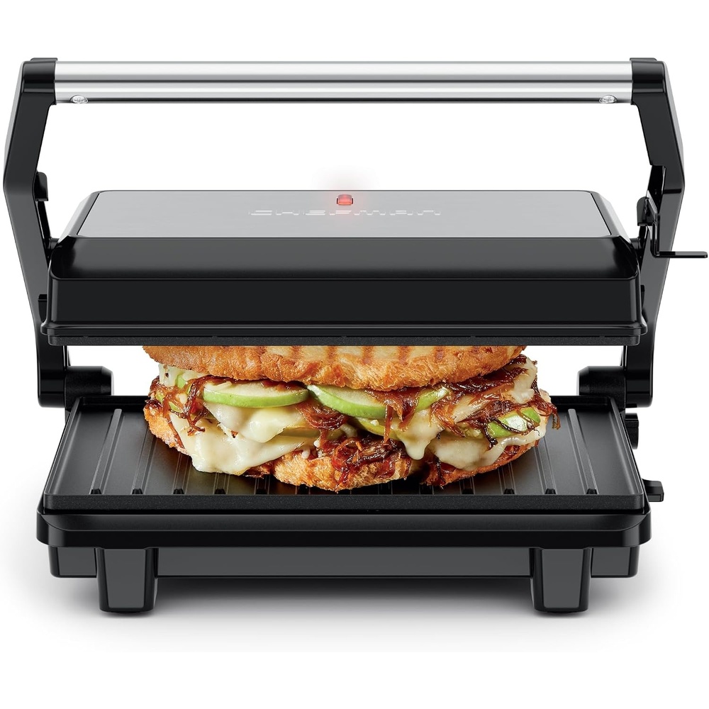 Chefman Panini Press Grill, Indoor Grill & Sandwich Maker, Opens 180°, Nonstick Grill Plates, Floating Hinge for Thick Sandwiches, LED Indicator Lights, Stainless Steel Finish, Black
