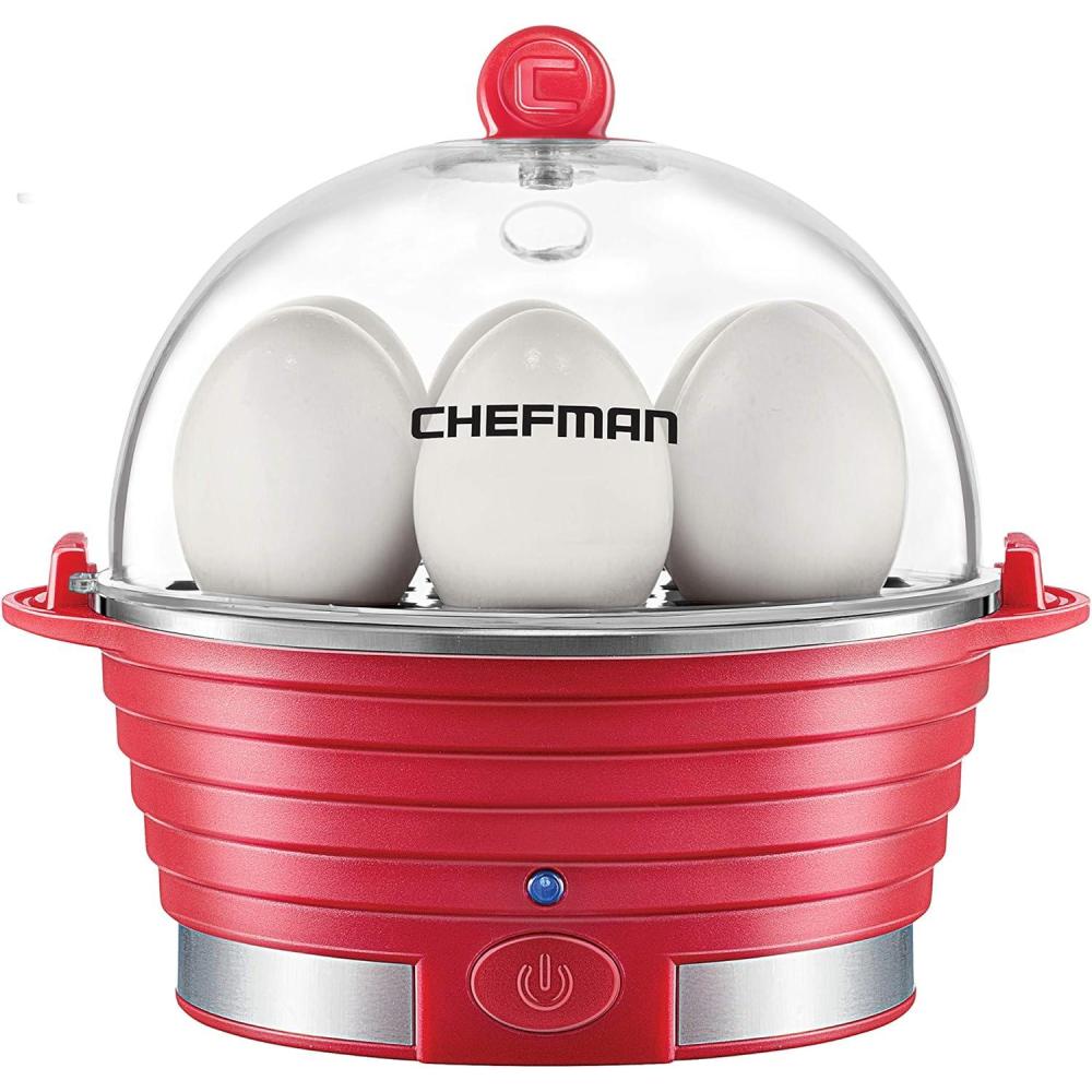 Chefman Electric Egg Cooker Boiler, Rapid Poacher, Food & Vegetable Steamer, Quickly Makes Up To 6, Hard, Medium or Soft Boiled, Poaching/Omelet Tray Included, Ready Signal, BPA-Free, Ivory(Red)