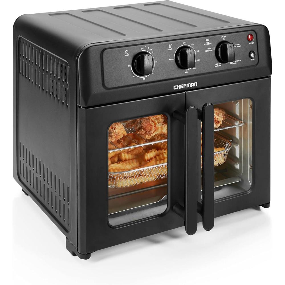 Chefman Extra Large Air Fryer and Convection Oven with French Doors and Rotisserie Spit, The Easiest Way to Cook Oil-Free, Double Wide Glass Windows Open for Convenient Access and Viewing, 24.5 Liters(Black – French Door)