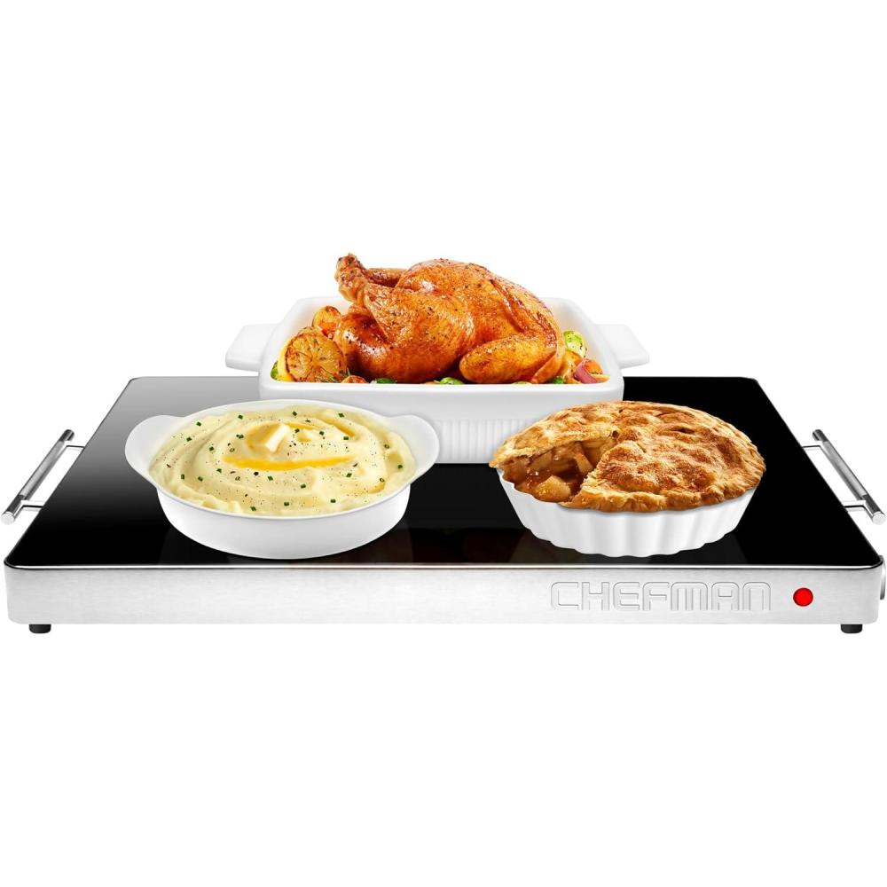 Chefman Electric Warming Tray with Adjustable Temperature Control, Perfect For Buffets, Restaurants, Parties, Events, and Home Dinners, Large 21 x 16 Glass-Top Surface Keeps Food Hot – Black(Stainless)