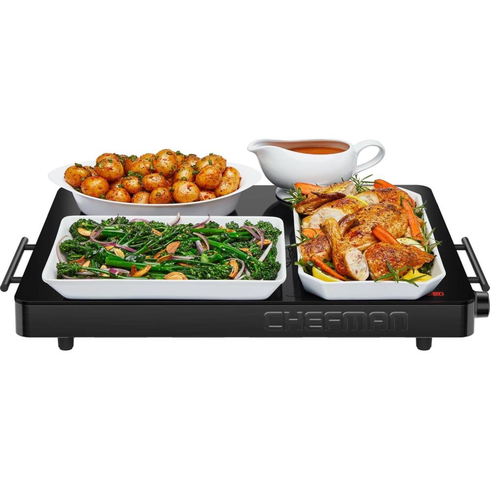 Chefman Electric Warming Tray with Adjustable Temperature Control, Perfect For Buffets, Restaurants, Parties, Events, and Home Dinners, Large 21 x 16 Glass-Top Surface Keeps Food Hot – Black(Stainless Black)