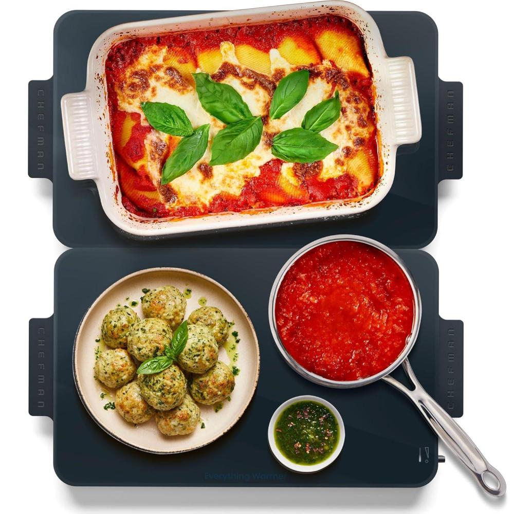 Chefman Everything Warmer Electric Warming Tray, 20 x 16 Modular Expanding Design, Graphene Full-Surface Heating, Food Warming Mat for Parties, Gatherings & Daily Use, Two Tempered Glass Panels(Midnight)