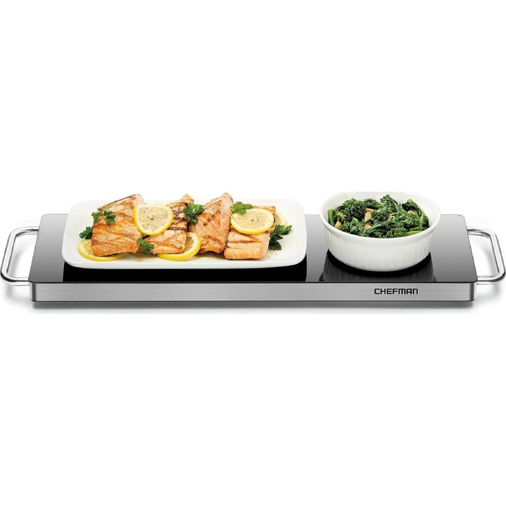 Chefman Long Electric Warming Plate Heating Element, Prep Food for Parties, Stainless Steel Frame & Tempered Glass Surface, Buffet at Home, for Trays & Dishes, Cool-Touch Handles, Black(Long – 23.8″ x 8.6″)