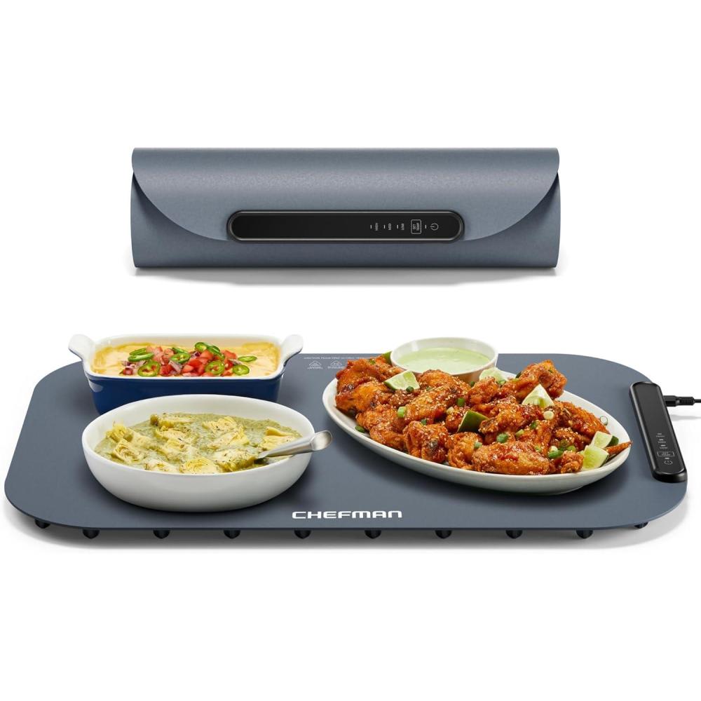 Chefman Long Electric Warming Plate Heating Element, Prep Food for Parties, Stainless Steel Frame & Tempered Glass Surface, Buffet at Home, for Trays & Dishes, Cool-Touch Handles, Black(Roll-up)