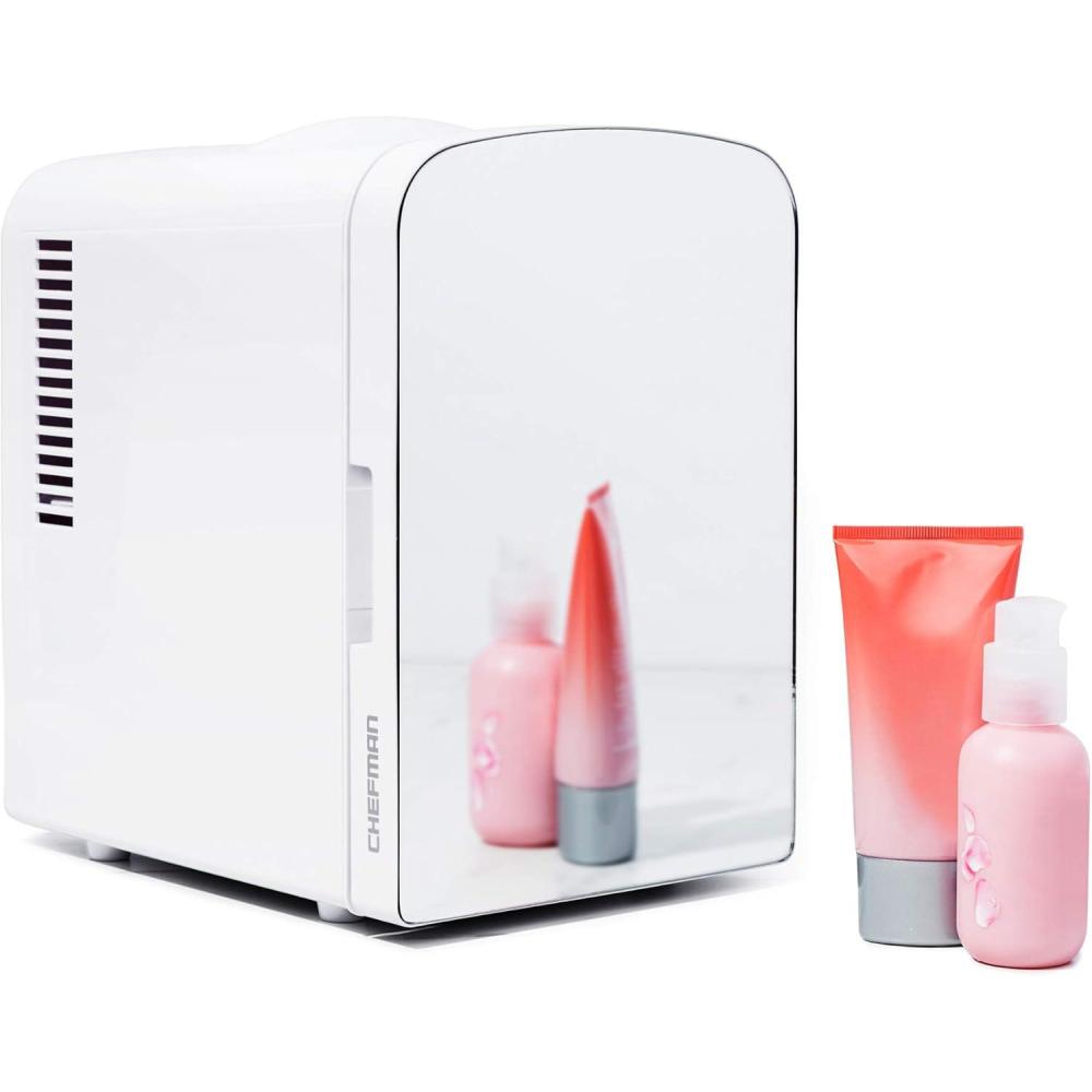 Chefman – Iceman Portable Mirrored Personal Fridge 4L Mini Refrigerator, Skin Care, Makeup Storage, Beauty, Serums & Face Masks, Small For Desktop Or Travel, Cool & Heat, Cosmetic Application, White(White)