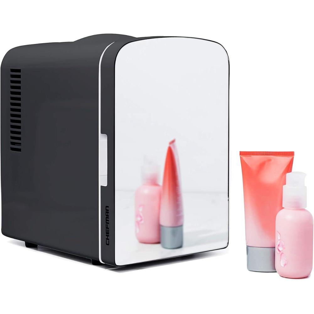 Chefman – Iceman Portable Mirrored Personal Fridge 4L Mini Refrigerator, Skin Care, Makeup Storage, Beauty, Serums & Face Masks, Small For Desktop Or Travel, Cool & Heat, Cosmetic Application, White(Black)