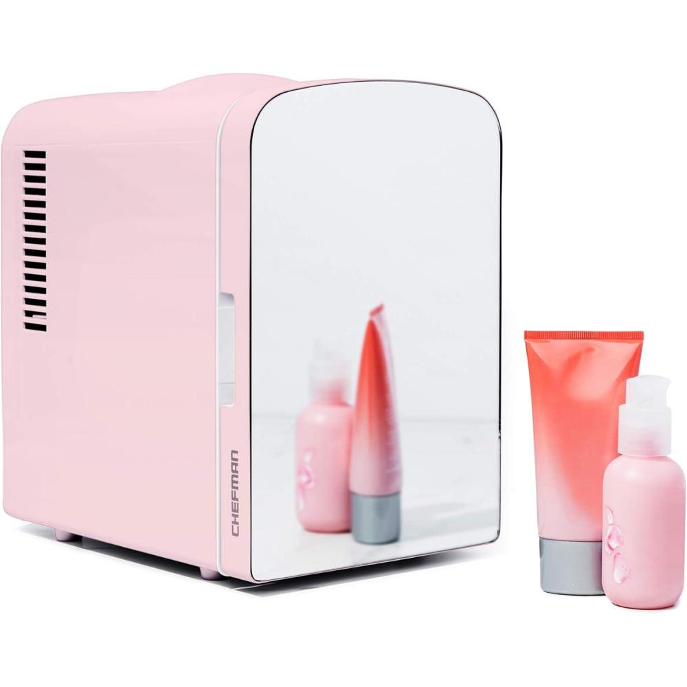 Chefman – Iceman Portable Mirrored Personal Fridge 4L Mini Refrigerator, Skin Care, Makeup Storage, Beauty, Serums & Face Masks, Small For Desktop Or Travel, Cool & Heat, Cosmetic Application, White(Pink)