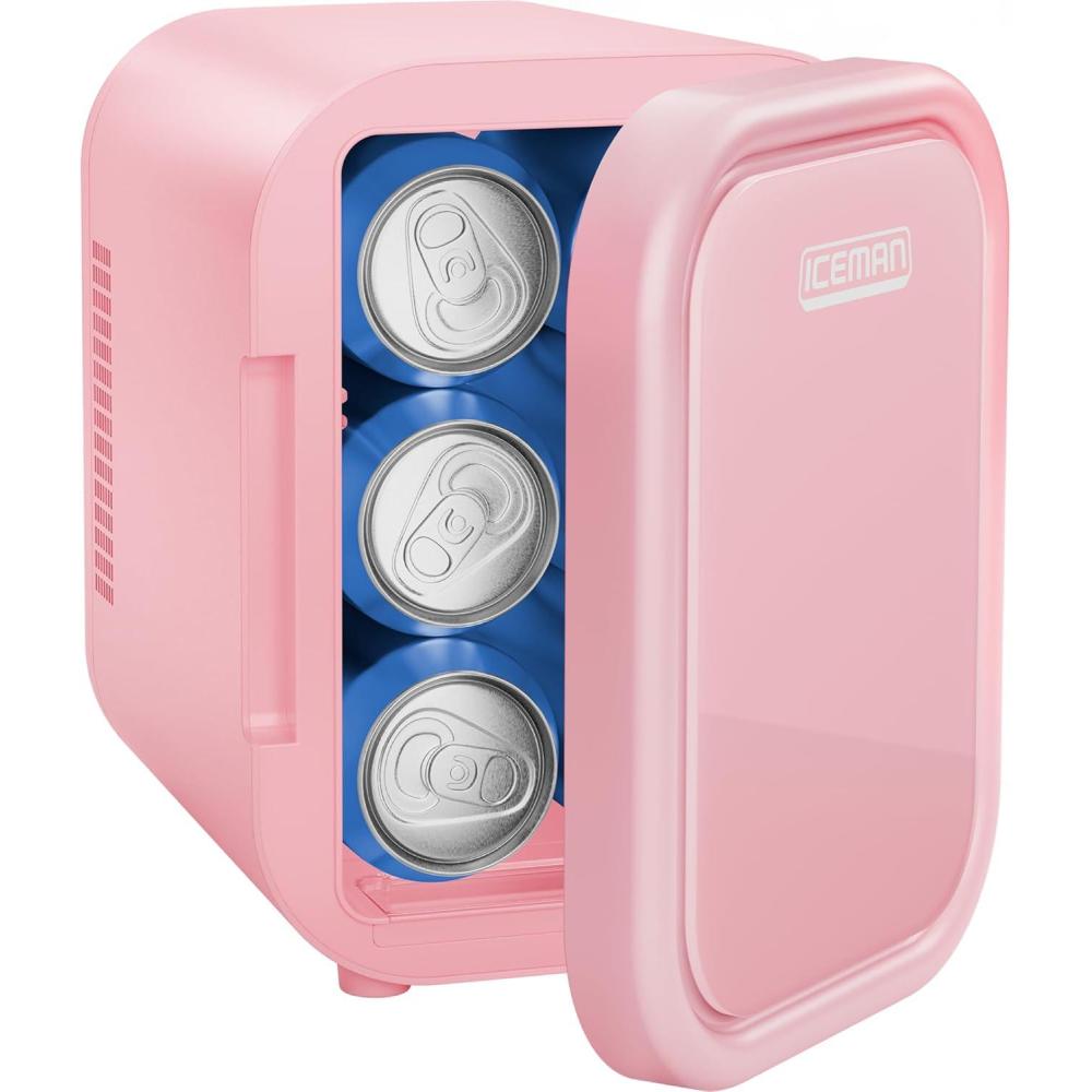 Iceman Portable Mini Fridge – Fits 8 x 12 oz Cans, Cooler and Heater Mini Fridge for Bedroom, Car, Office, Dorm and Skincare, AC/DC Car Plug-Compatible – Pink(Pink)