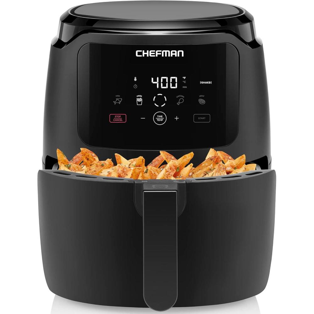 Chefman Digital Air Fryer, Large 5 Qt Family Size, One Touch Digital Control Presets, French Fries, Chicken, Meat, Fish, Nonstick Dishwasher-Safe Parts, Automatic Shutoff, Black(5 Quart)