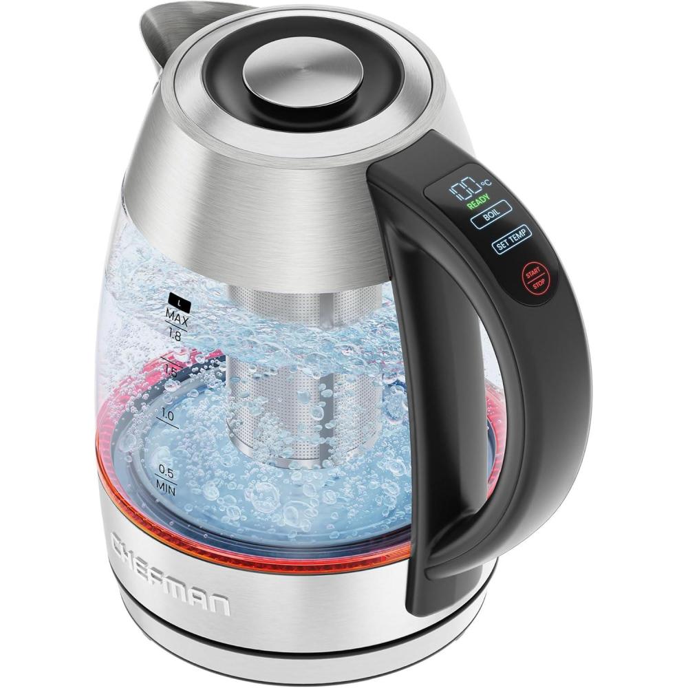 CHEFMAN Lightning High-Powered Electric Kettle, 1.8L 1750W, Rapid Boil 2 Cups in 2 Minutes, BPA Free Cordless Tea Kettle with Digital Temperature Control and 1-Hour Keep Hot – Stainless Steel(Stainless – Temp. Control)