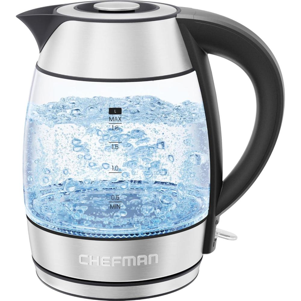 Chefman Electric Kettle 1500W, 1.8L Hot Water Boiler, Removable Lid for Easy Cleaning, LED Indicators, Auto Shutoff & Boil-Dry Protection, Borosilicate Glass Electric Tea Kettle – Stainless Steel(Stainless Steel)