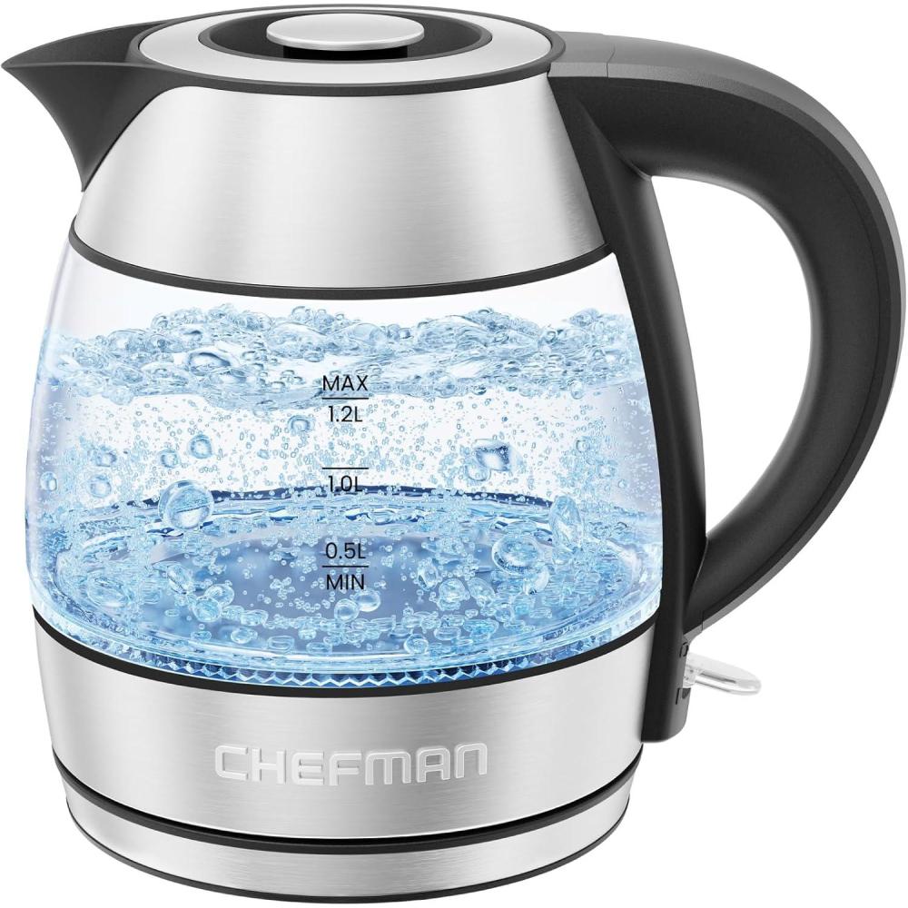 Chefman Gooseneck Electric Kettle, 0.8L Pour Over Tea Kettle for Coffee and Tea, One-Touch Operation, Boil-Dry Protection, Auto Shut-Off, Ultra-Fast Hot Water Boiler – Black(Glass)