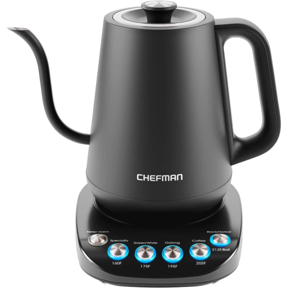 Chefman Gooseneck Electric Kettle, 0.8L Pour Over Tea Kettle for Coffee and Tea, One-Touch Operation, Boil-Dry Protection, Auto Shut-Off, Ultra-Fast Hot Water Boiler – Black(Gooseneck -Temperature Control)