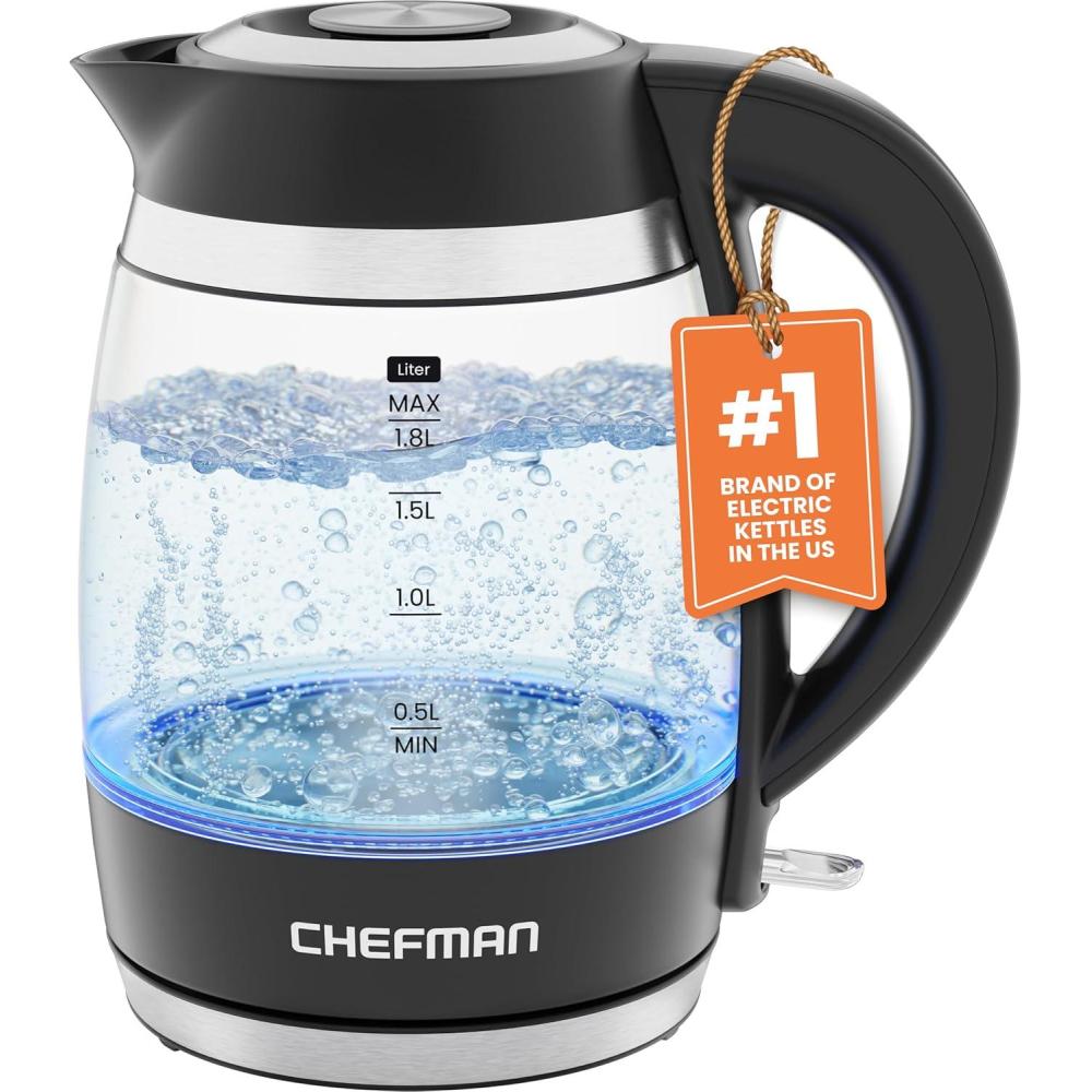 CHEFMAN Lightning High-Powered Electric Kettle, 1.8L 1750W, Rapid Boil 2 Cups in 2 Minutes, BPA Free Cordless Tea Kettle with Digital Temperature Control and 1-Hour Keep Hot – Stainless Steel(Black)