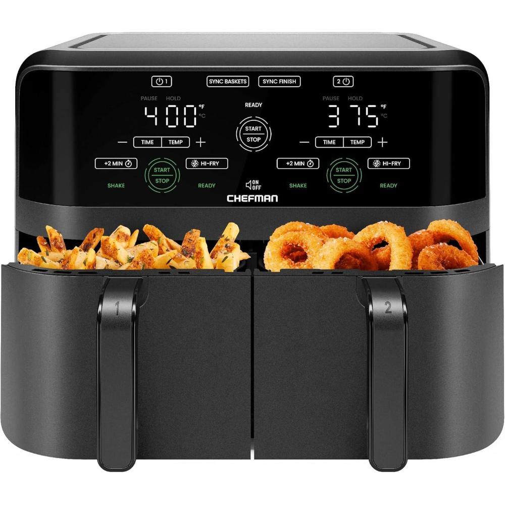 Chefman TurboFry Touch Dual Air Fryer, Maximize The Healthiest Meals With Double Basket Capacity, One-Touch Digital Controls And Shake Reminder For The Perfect Crispy And Low-Calorie Finish(6 Quart – No Window)