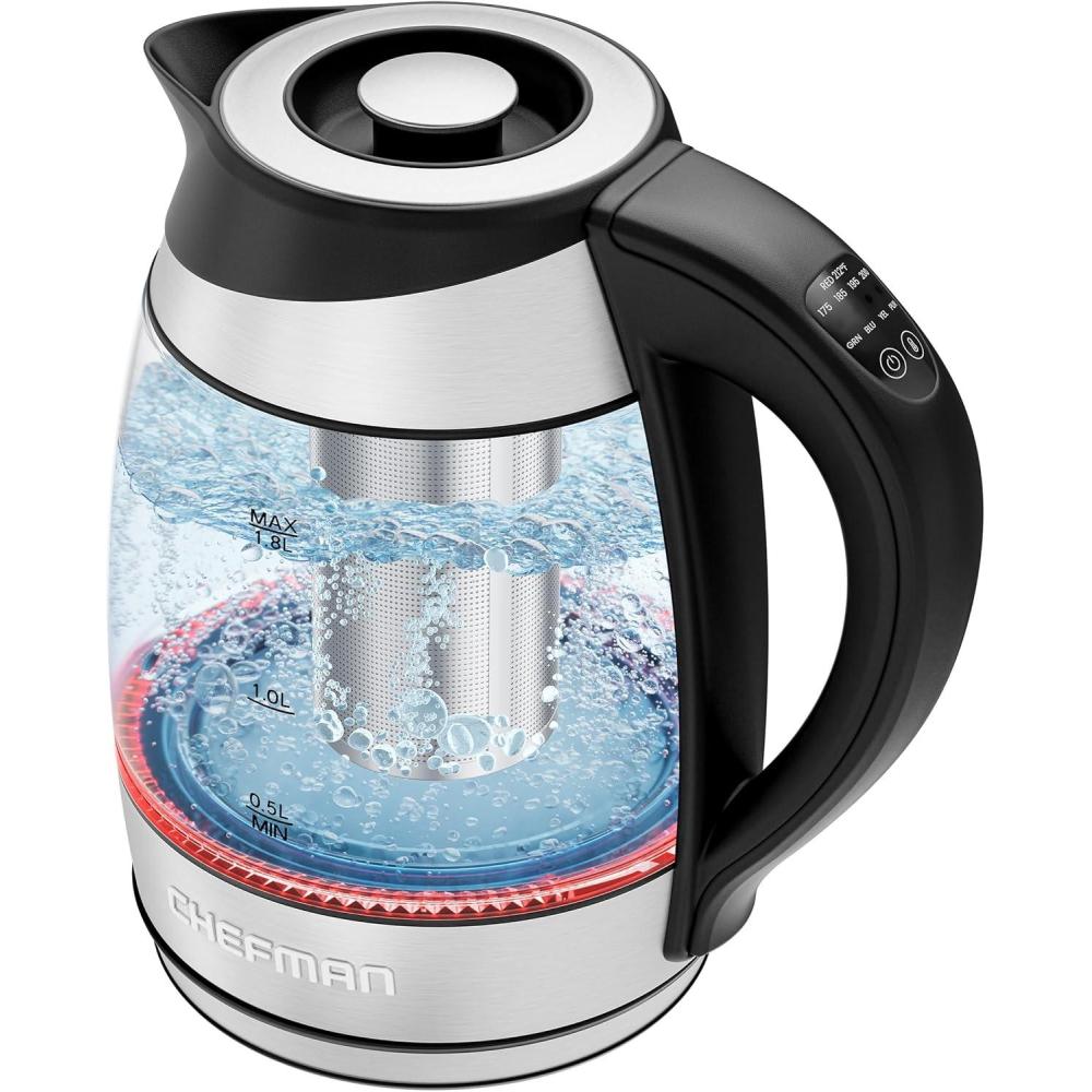 CHEFMAN Electric Kettle – 1.2L 1500W Hot Water Tea Pot with Infuser, BPA Free, Auto Shut Off, Boil-Dry Protection, Removable Lid, LED Light, Cordless Glass Electric Tea Kettle – Stainless Steel(1.8L – Stainless Steel – Tea Infuser – Temperature Control)