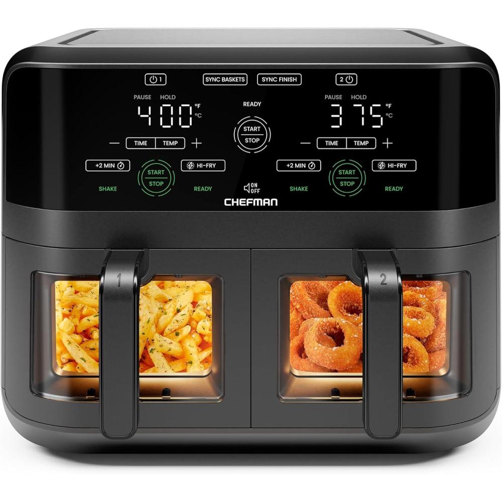 Chefman TurboFry Touch Dual Air Fryer, Maximize The Healthiest Meals With Double Basket Capacity, One-Touch Digital Controls And Shake Reminder For The Perfect Crispy And Low-Calorie Finish(6 Quart – Window)