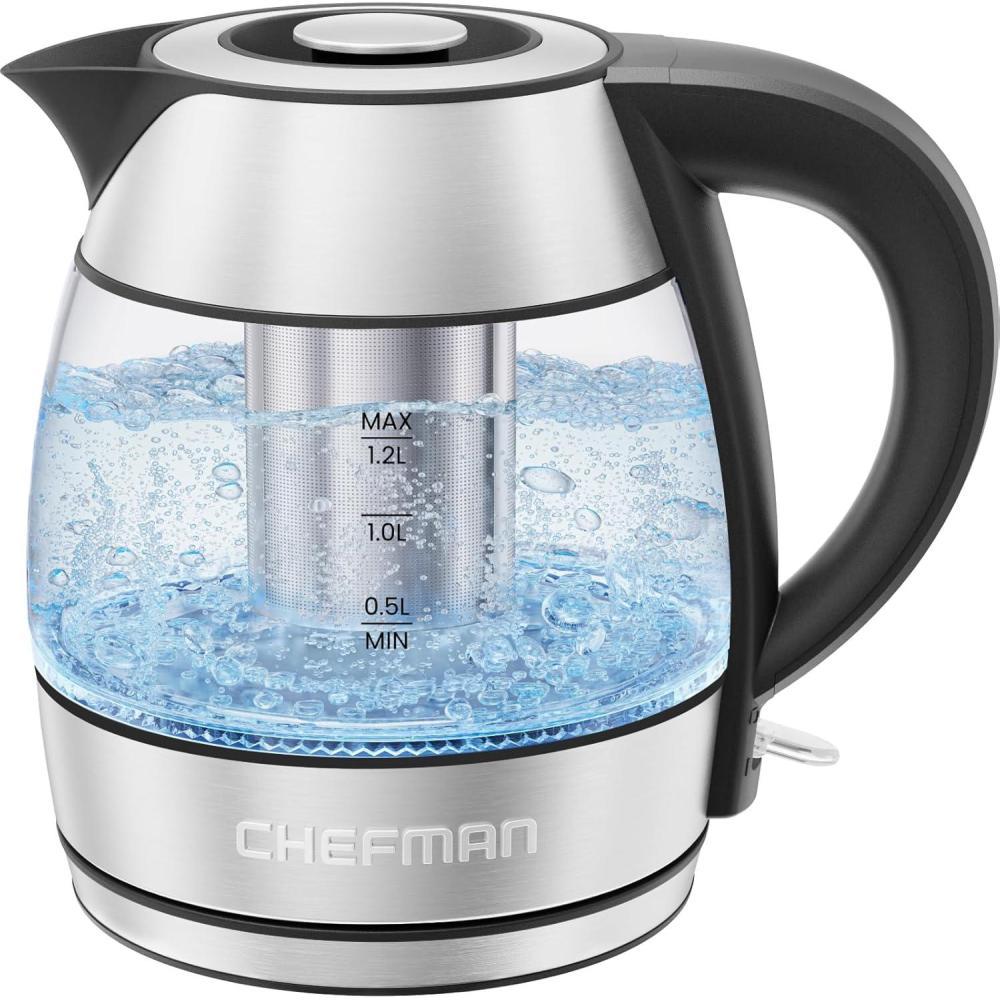 CHEFMAN Electric Kettle – 1.2L 1500W Hot Water Tea Pot with Infuser, BPA Free, Auto Shut Off, Boil-Dry Protection, Removable Lid, LED Light, Cordless Glass Electric Tea Kettle – Stainless Steel(1.2L – Stainless Steel – Tea Infuser)