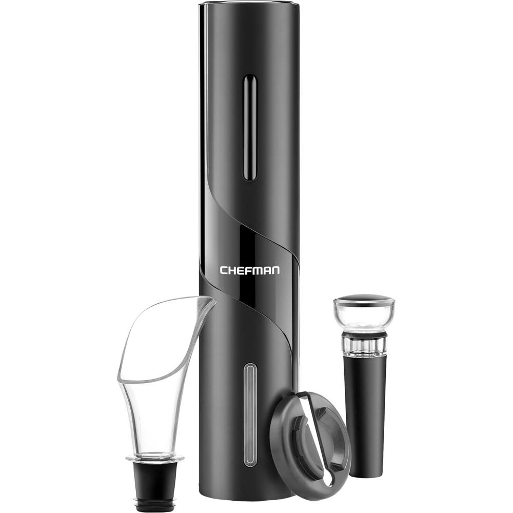 Chefman Electric Wine Opener Makes Opening Bottles Fast, Foolproof, And Fun  Black, Battery-Operated 4-Piece Corkscrew Set Comes With A Foil Cutter, Pourer, And Vacuum Stopper