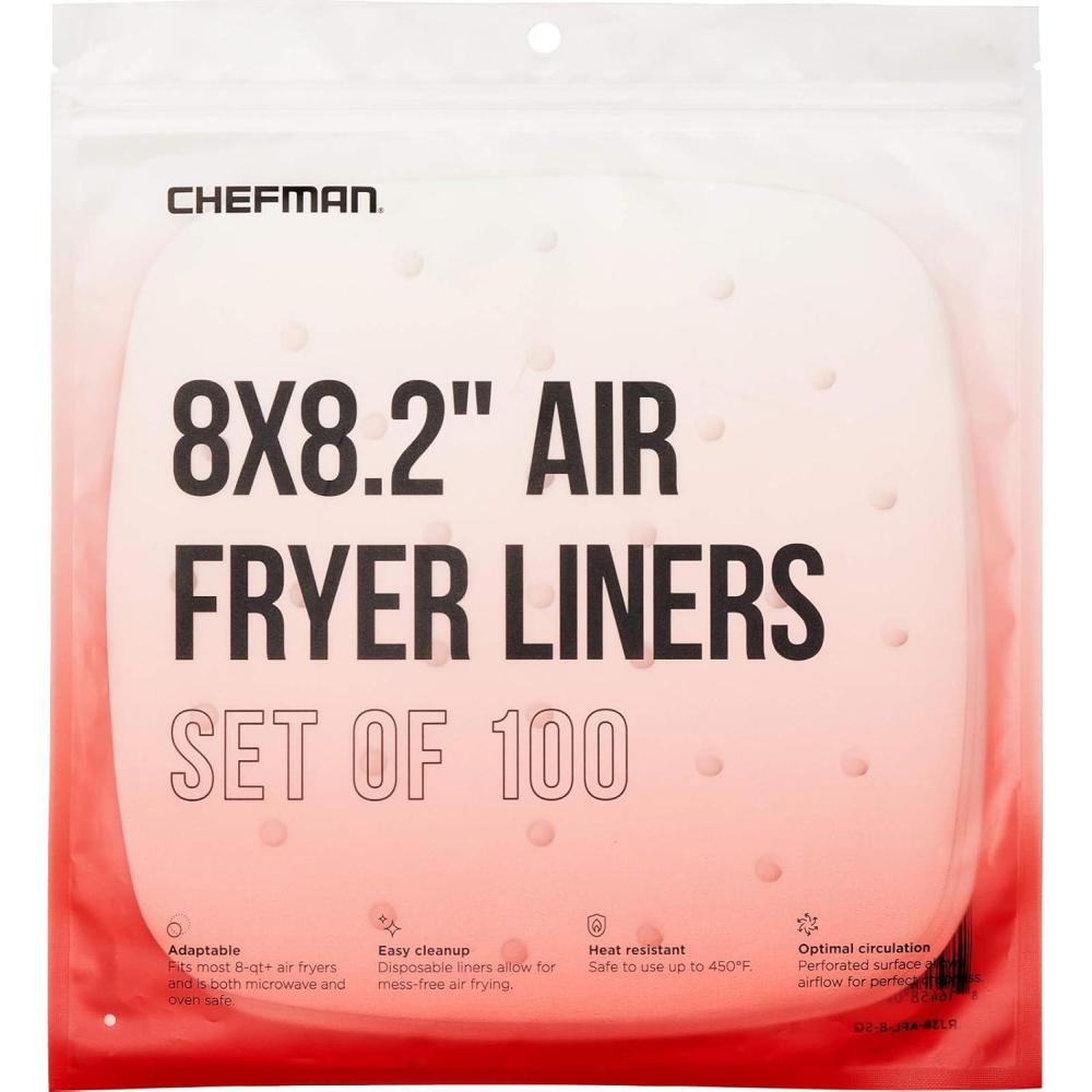 Chefman Disposable Air Fryer Liners, Heat-Resistant Parchment Paper For Baskets, 100 Pack, 8x 8 Square(﻿8″ Square)