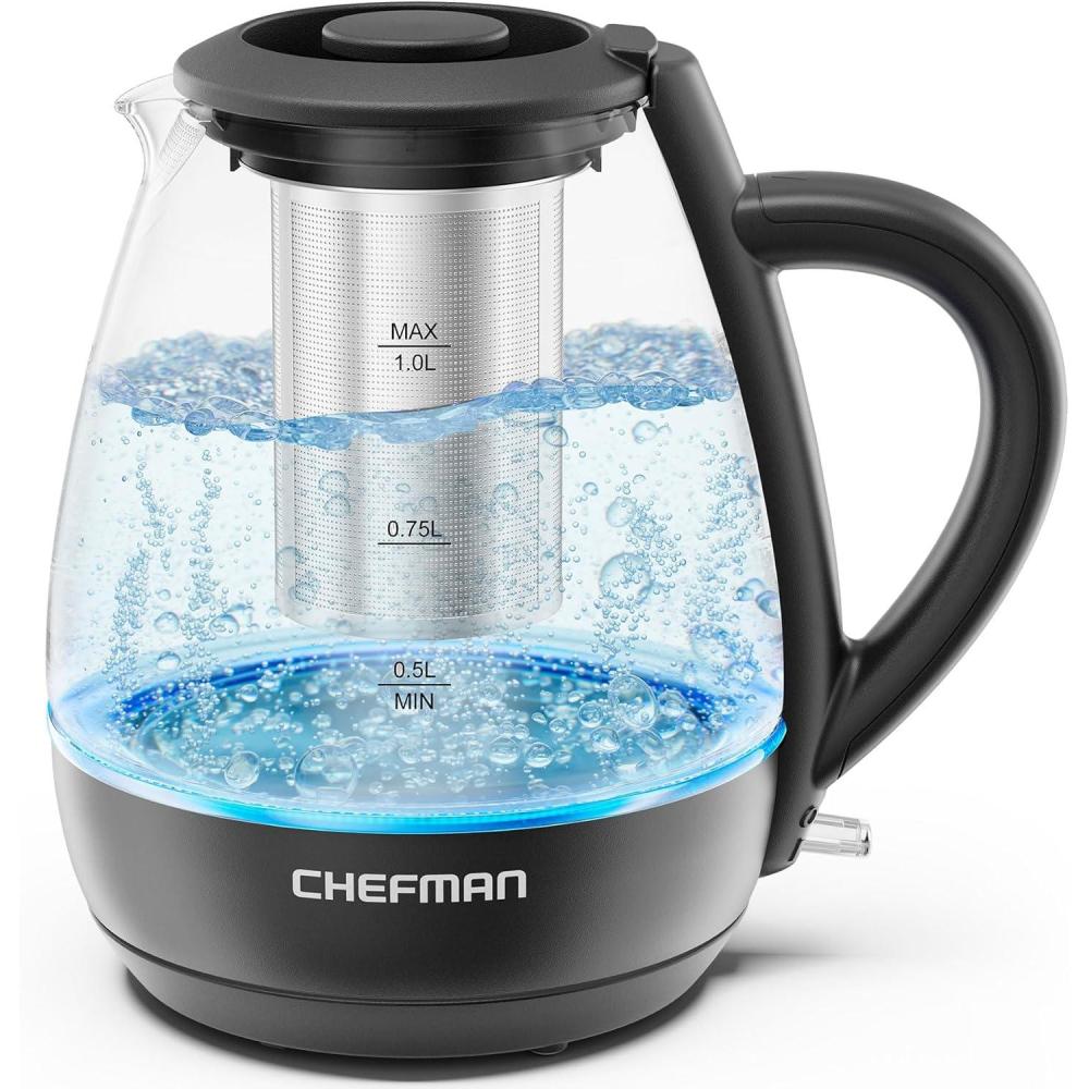 Chefman Electric Kettle with Tea Infuser, Compact 1L (4 Cups), 1500W, Removable Lid for Easy Cleaning, Boil-Dry Protection, Stainless Steel Filter, BPA Free, Auto Shut Off, Small Electric Tea Kettle(Black)