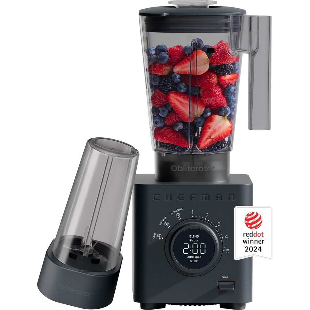 Chefman Obliterator 48 oz Countertop Blender for Smoothies, 1380W Motor to Crush Ice, Nuts, and Frozen Fruit with Stainless Steel Blade, Blender Pack Includes Two 20 oz. Travel Jars – Concrete(MIDNIGHT)