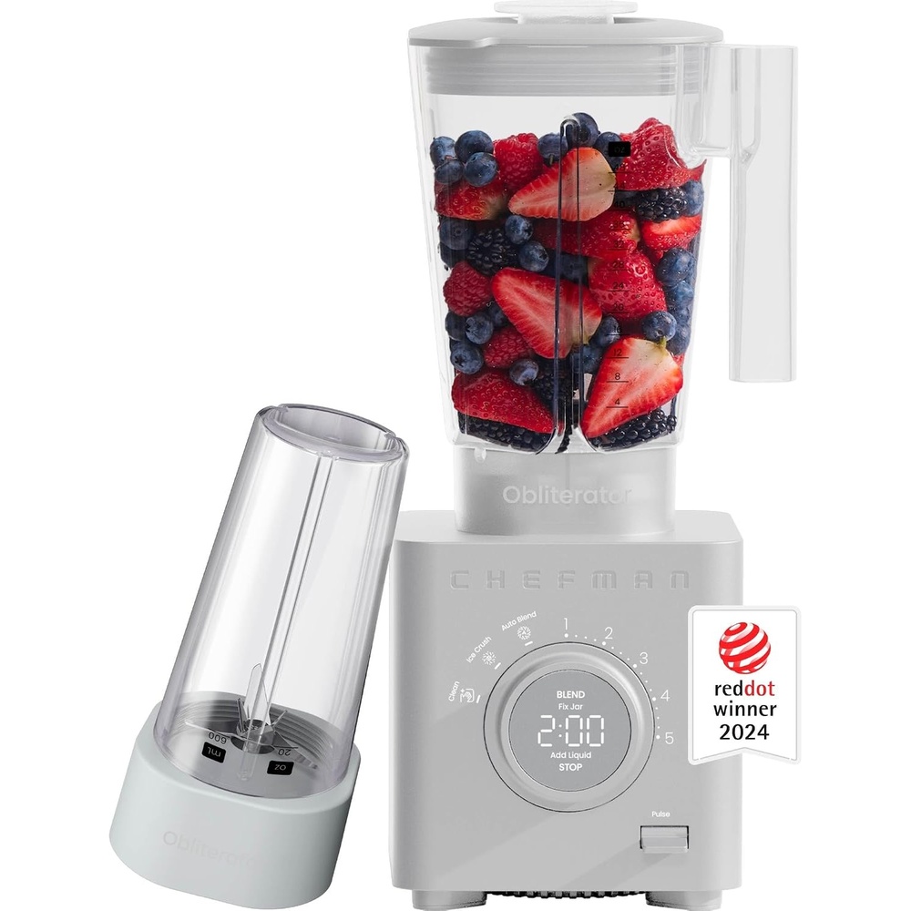 Chefman Obliterator 48 oz Countertop Blender for Smoothies, 1380W Motor to Crush Ice, Nuts, and Frozen Fruit with Stainless Steel Blade, Blender Pack Includes Two 20 oz. Travel Jars – Concrete(CONCRETE)