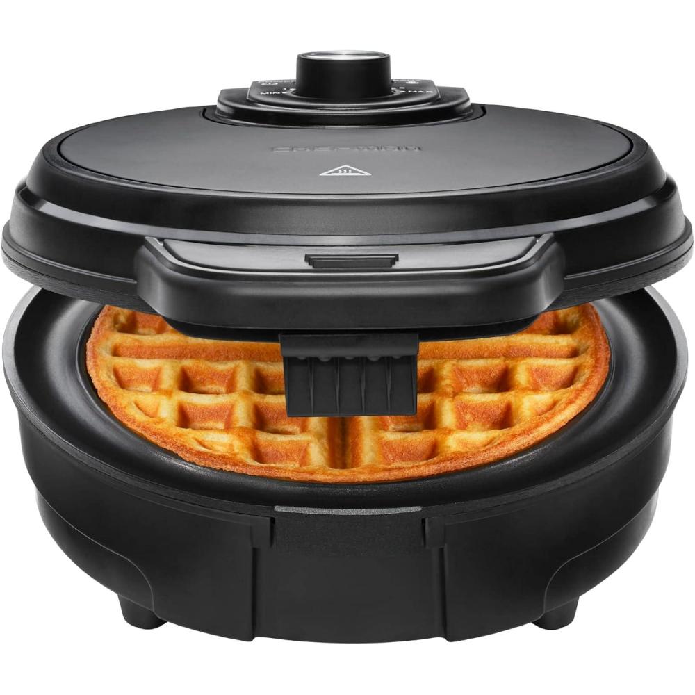 Chefman Anti-Overflow Waffle Maker, Belgian Waffle Iron with Seven Crunch Selector Settings, Mess-Free Moat Catches Excess Batter, Nonstick Electric Single Griddle Mold Makes 6-Inch Round Waffles