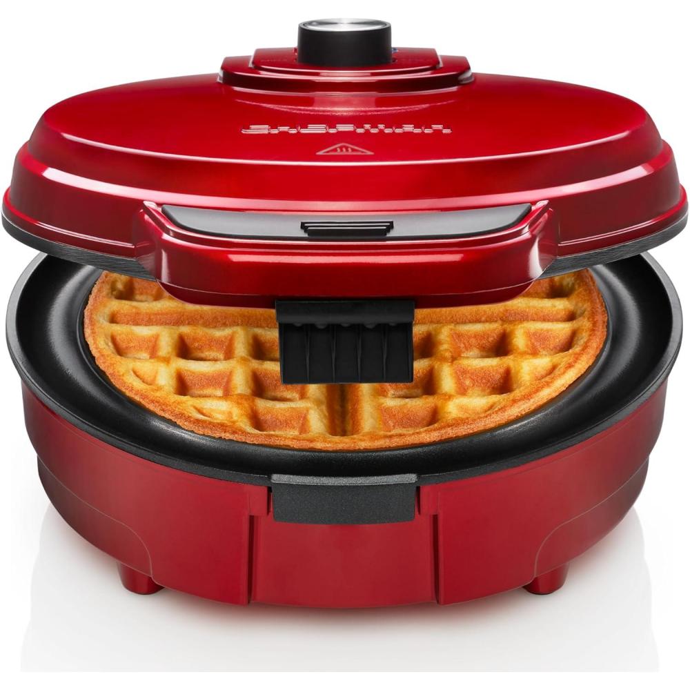Chefman Anti-Overflow Belgian Waffle Maker w/Shade Selector, Temperature Control Mess Free Moat, Round Iron w/Nonstick Plates & Cool Touch Handle, Measuring Cup Included, Red(Red)