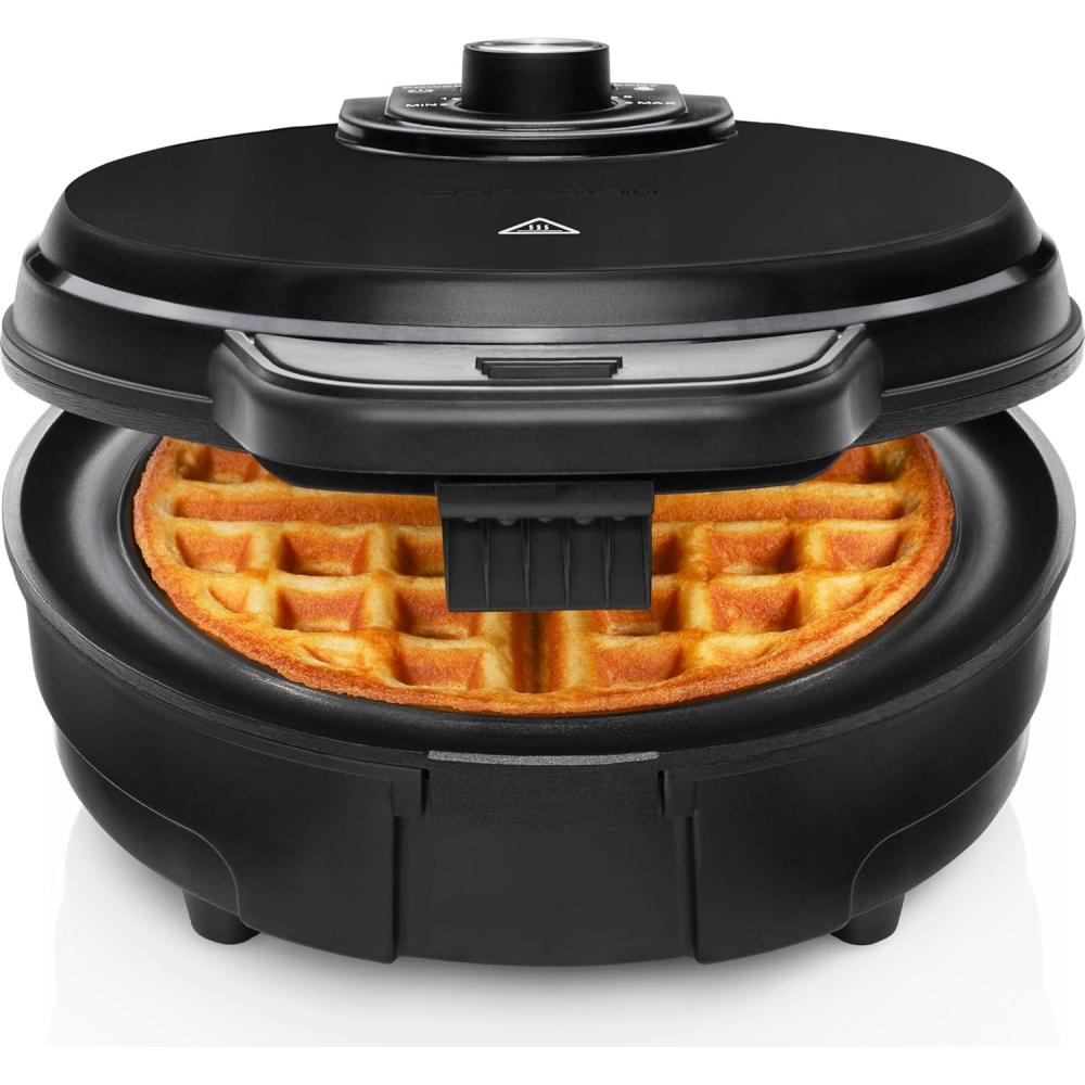 Chefman Anti-Overflow Belgian Waffle Maker w/Shade Selector, Temperature Control Mess Free Moat, Round Iron w/Nonstick Plates & Cool Touch Handle, Measuring Cup Included, Red(Black)