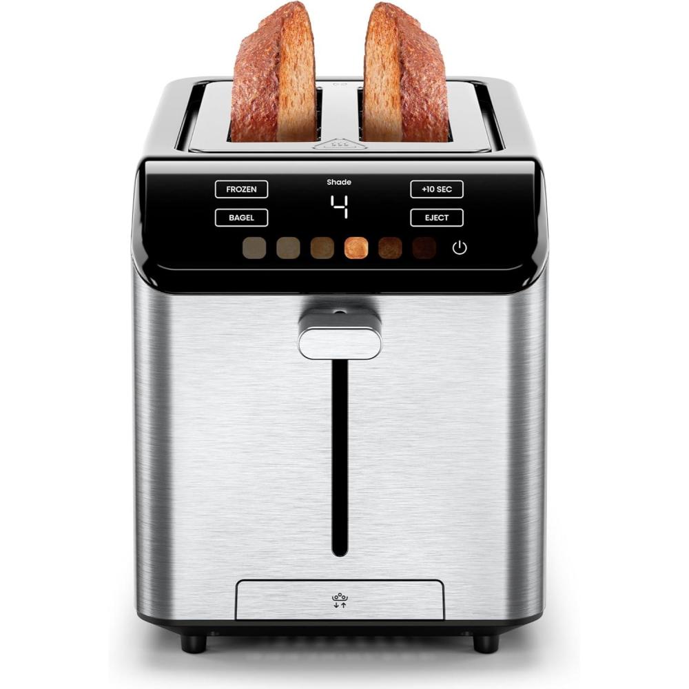 Chefman Smart Touch 2 Slice Digital Toaster, 6 Shade Settings, Touchscreen Controls, Extra-Wide Slots for Thick Breads & Bagels, +10 Seconds, Defrost, Removable Crumb Tray – Stainless Steel(Stainless Steel)