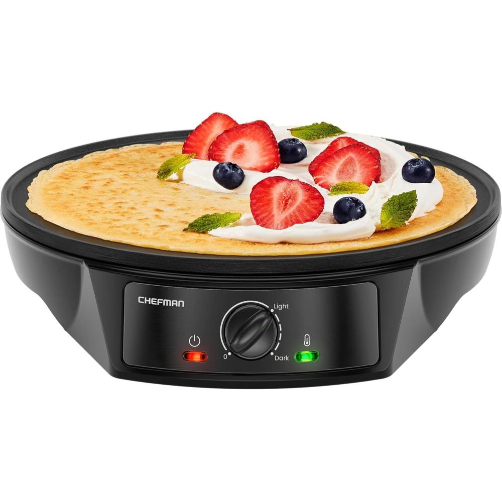 CHEFMAN Electric Crepe Maker: Precise Temp Control, 12″ Non-Stick Griddle, Perfect for Crepes, Tortillas, Blintzes, Pancakes, Waffles, Eggs, Bacon, Batter Spreader & Spatula Included, Black(Black)