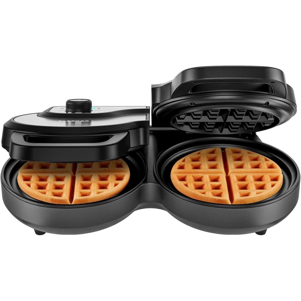 Chefman Anti-Overflow Belgian Waffle Maker w/Shade Selector, Temperature Control Mess Free Moat, Round Iron w/Nonstick Plates & Cool Touch Handle, Measuring Cup Included, Red(Stainless – Double)