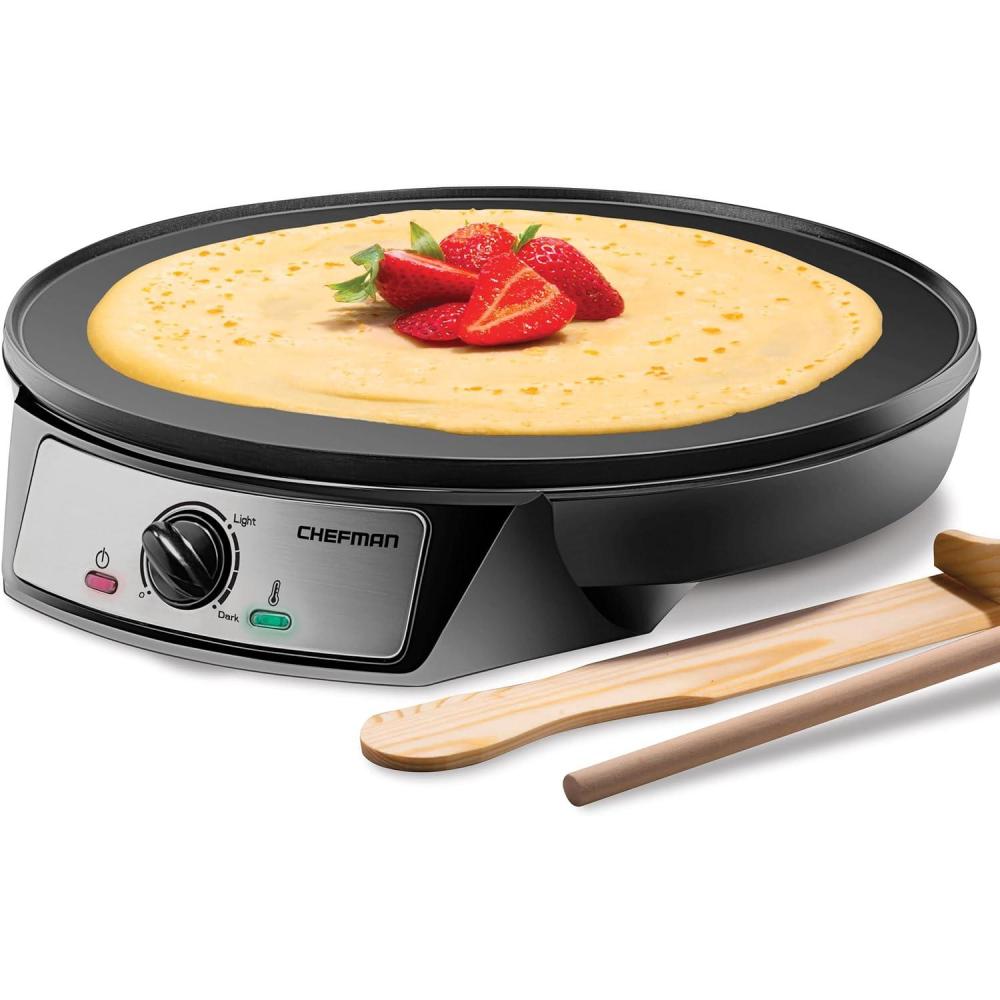 Chefman Electric Crepe Maker & Griddle, Precise Temperature Control Skillet for Perfect Brunch Blintzes, Pancakes, Eggs, Bacon, & Tortillas, 12″ Nonstick Grill Pan, Includes Batter Spreader & Spatula